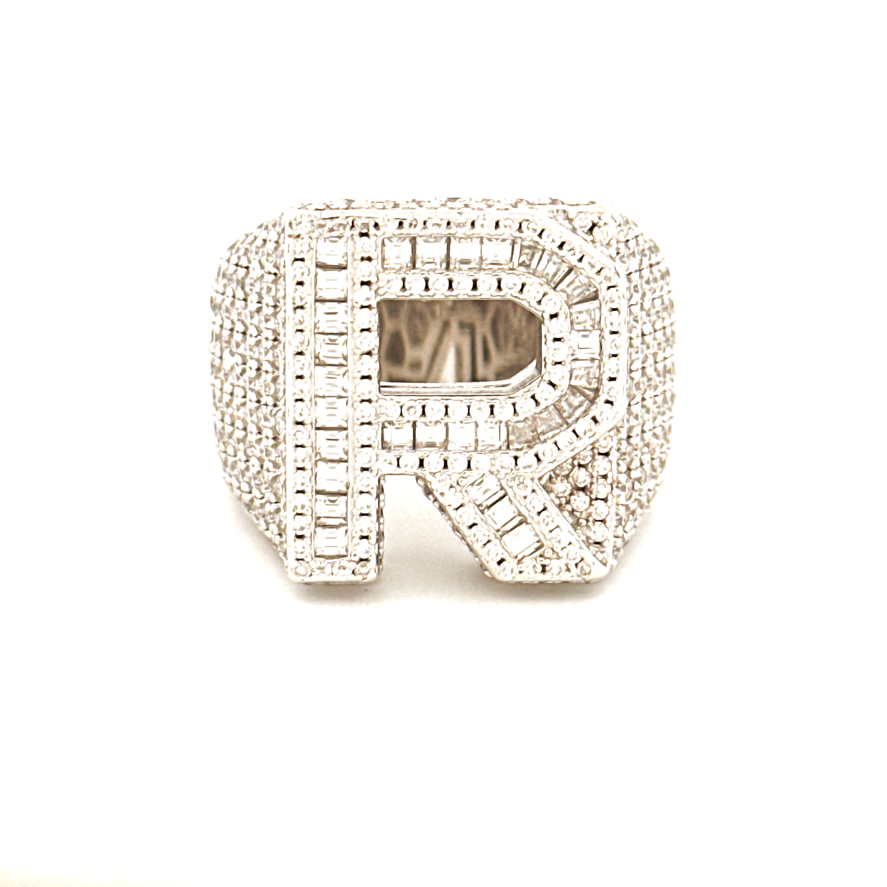 R Initial Diamond Ring for Men, VVS GRA Certified Moissanite Diamond, Statement Ring for Men