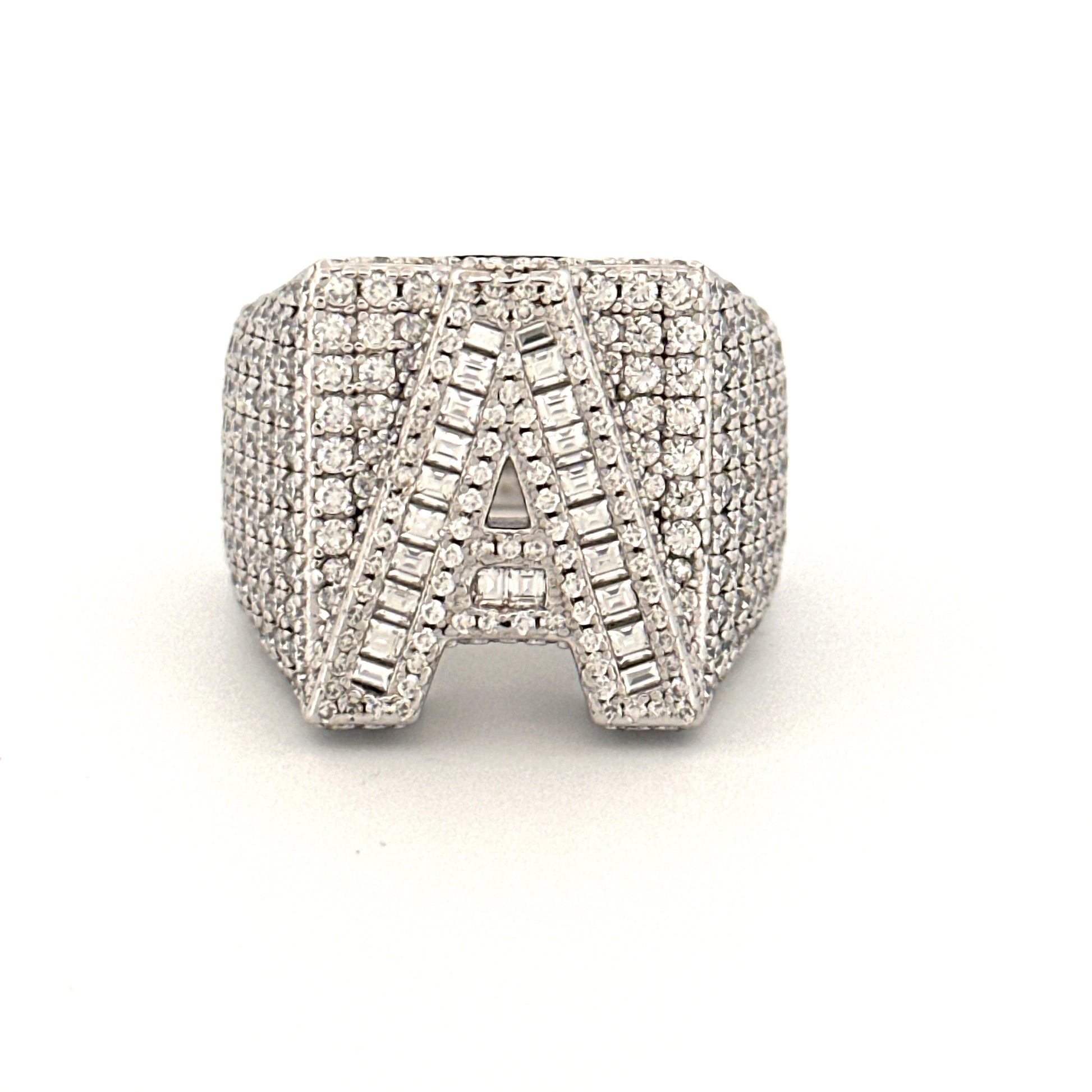 A Initial Men’s Diamond Band Ring, Statement Edition VVS Moissanite Diamond, A Letter Diamond Ring