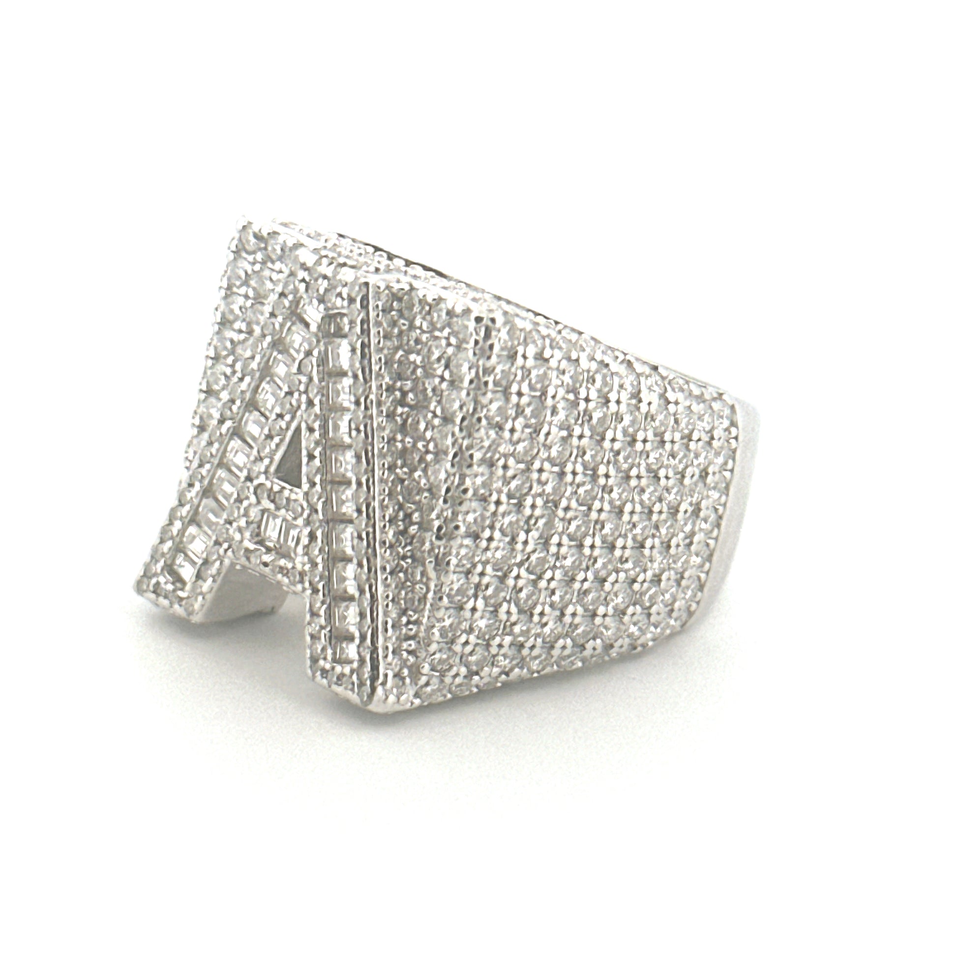 A Initial Men’s Diamond Band Ring, Statement Edition VVS Moissanite Diamond, A Letter Diamond Ring