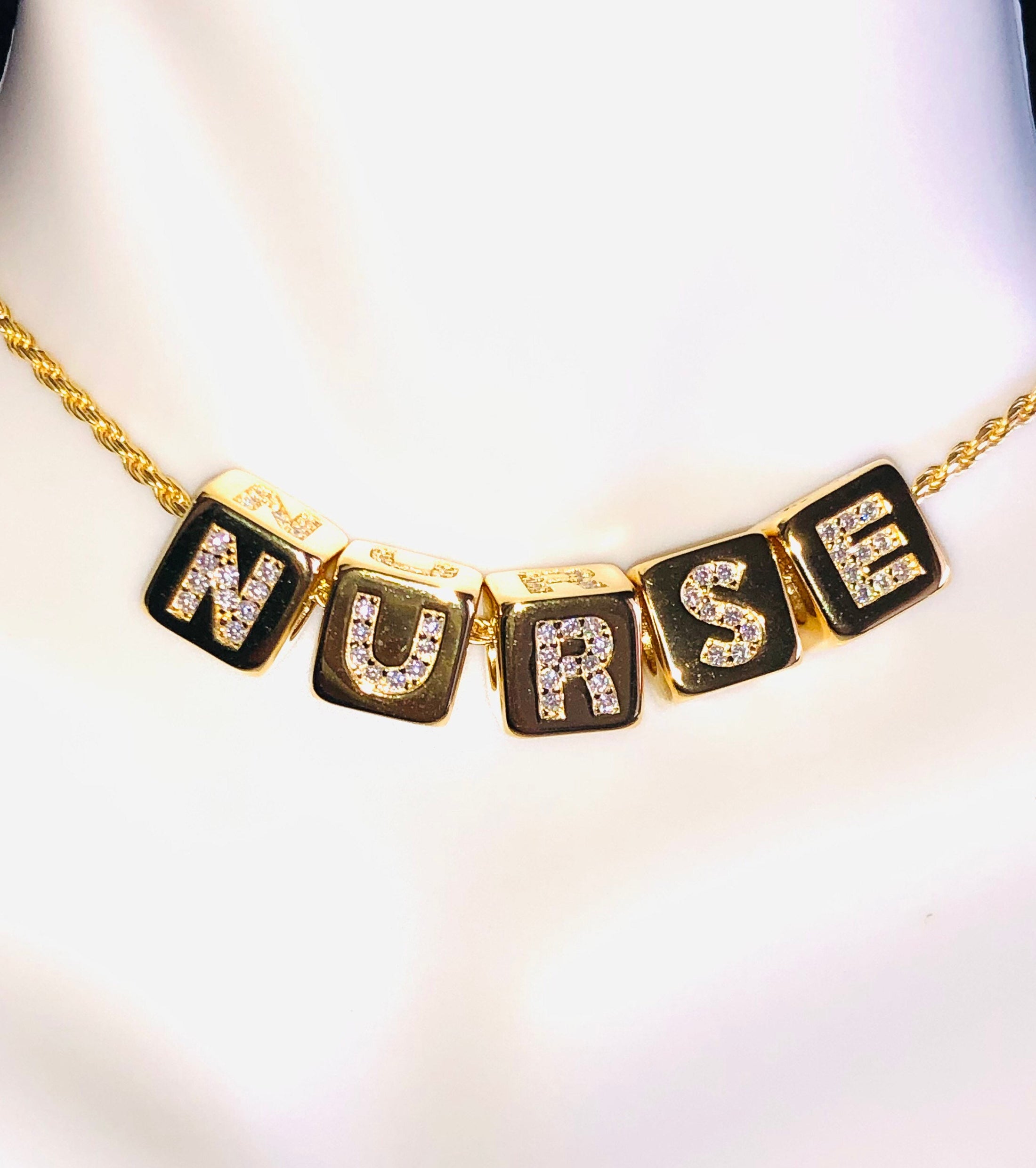 10k solid gold chain, Custom Nurse Necklace, Personalized Initial charm, GRA VVS Moissanite Diamond Charms, Diamond Initial Pendant Monogram