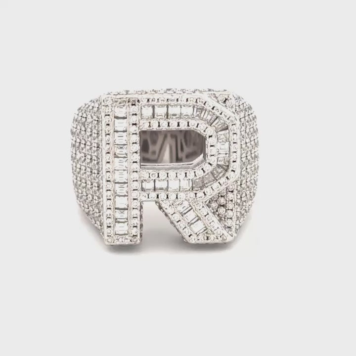 R Initial Diamond Ring for Men, VVS GRA Certified Moissanite Diamond, Statement Ring for Men