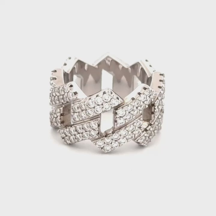 Men’s Cuban Band Ring – 2 Cttw VVS Moissanite Diamond, GRA Certified, 925 White Gold Vermeil, Custom Size Available