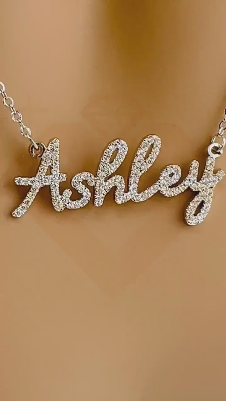 10k White Gold Vermeil Simulated Diamond Ashely name pendant, personalized name pendant, custom Name plate jewelry,  Birthday, Anniversary