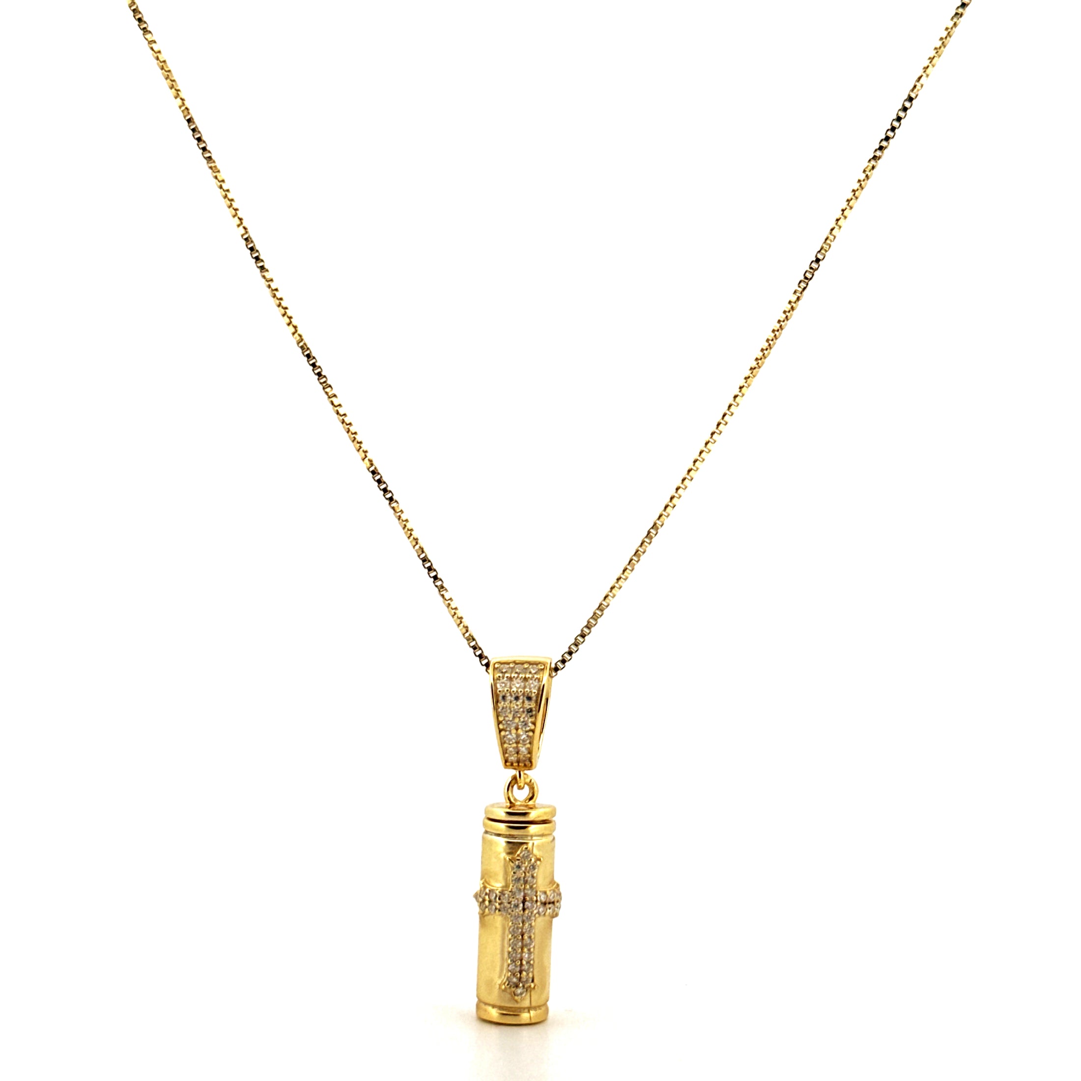 Custom Diamond or Moissanite Cylinder Cross Urn Pendant – Solid 10K Gold or White/Yellow/Rose Gold Vermeil on Italian Silver Cremation Urn Pendant for Pet or Human Ashes