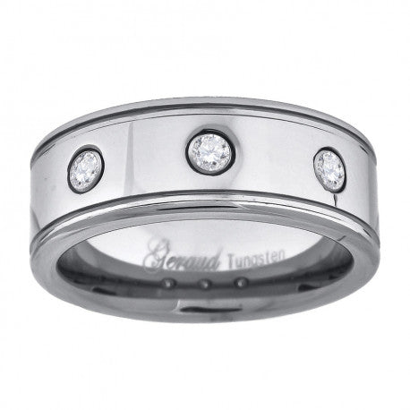 Tungsten Ring - Tungsten cz offset grooves polished mens comfort-fit ...