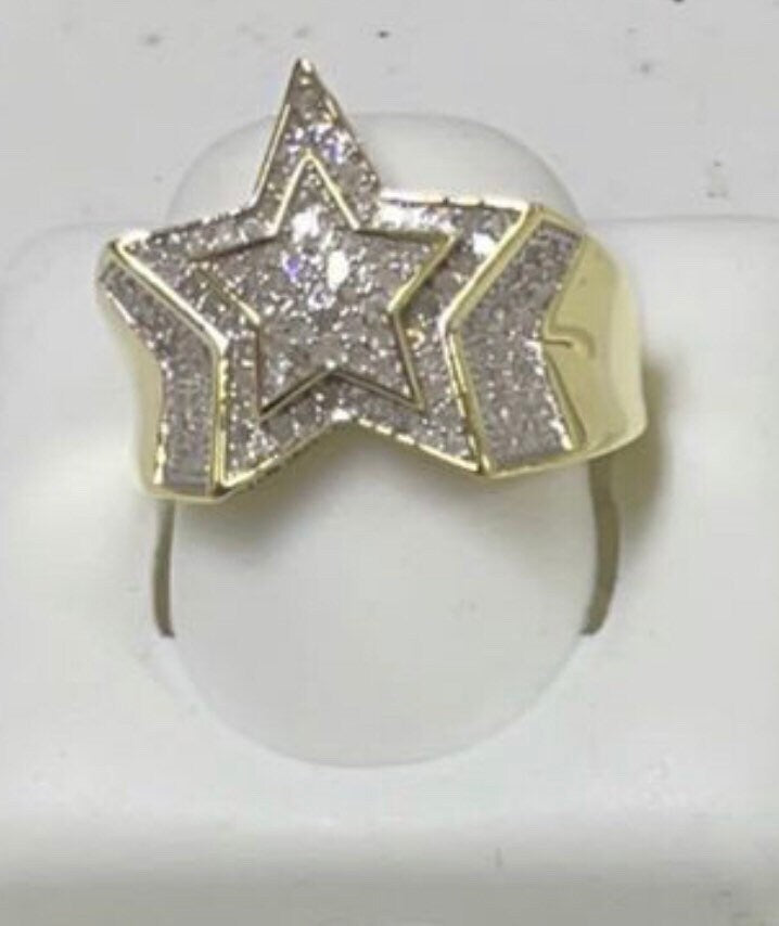Real Diamond Gold Ring | Star Diamond Ring | Iced Out Star Ring | 10k Vermeil Star Shape Real Diamond Ring | Hip Hop Ring | Big Diamond Ring