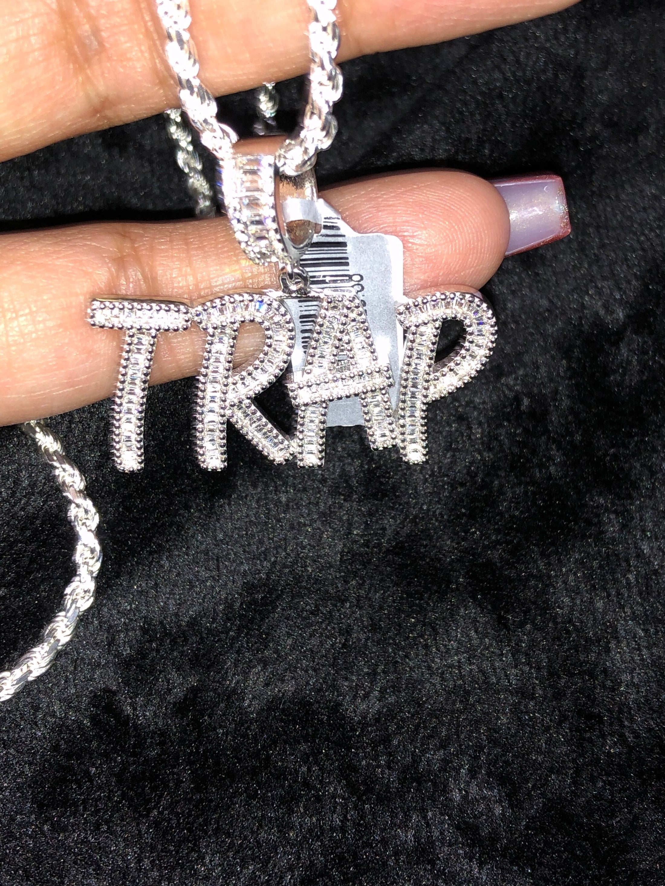 Trap Custom Made Silver pendant w diamond cut 18inch rope chain solid 925 stamped