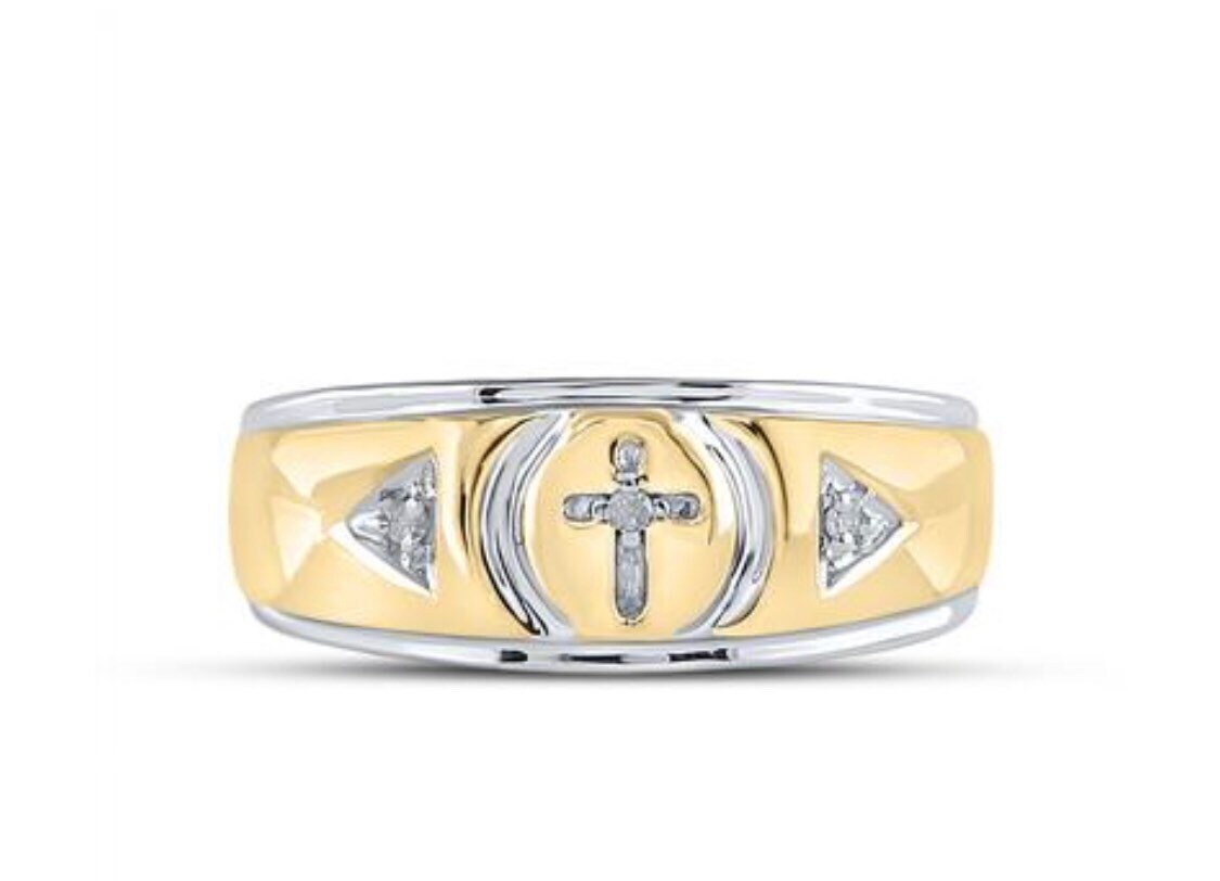 Real diamond cross mens gold band. Not CZ best gift! Comes w gift packaging and certificate of authenticity! All natural diamonds