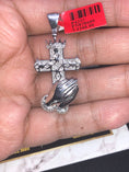 Cargar la imagen en la vista de la galería, Real Diamond white gold prayer hand cross natural diamond pendant charm .60cttw not CZ not moissanite authenticity card included. Best gift!
