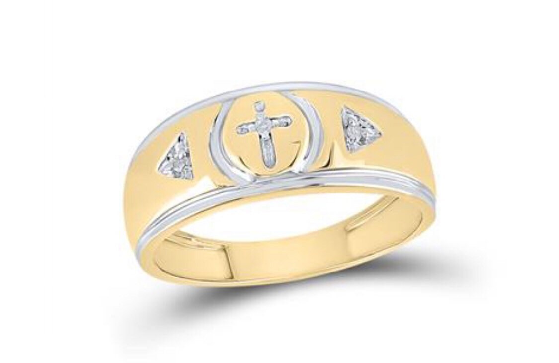 Real diamond cross mens gold band. Not CZ best gift! Comes w gift packaging and certificate of authenticity! All natural diamonds