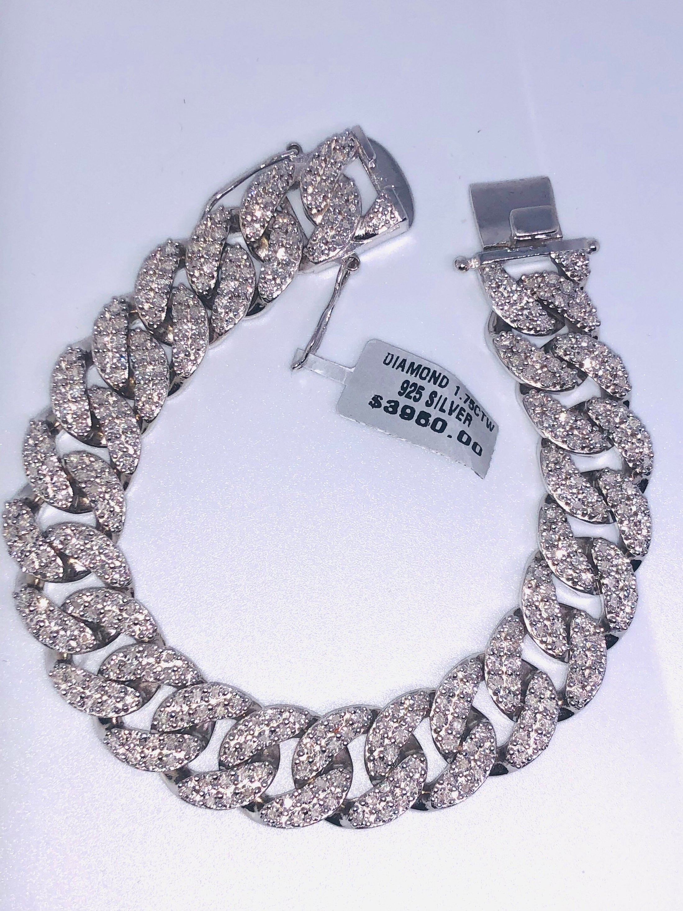 10k White Gold Vermeil | Cuban Link Diamond Bracelet 1.75ct 15mm | Best Gift | Gift For Him | Christmas Gift
