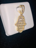 Load image into Gallery viewer, Stunning 10k gold vermeil Hamsa hand crafted W/ beautiful baguette VVS clarity Swarovski crystals Exquisite design best gift for everyone!
