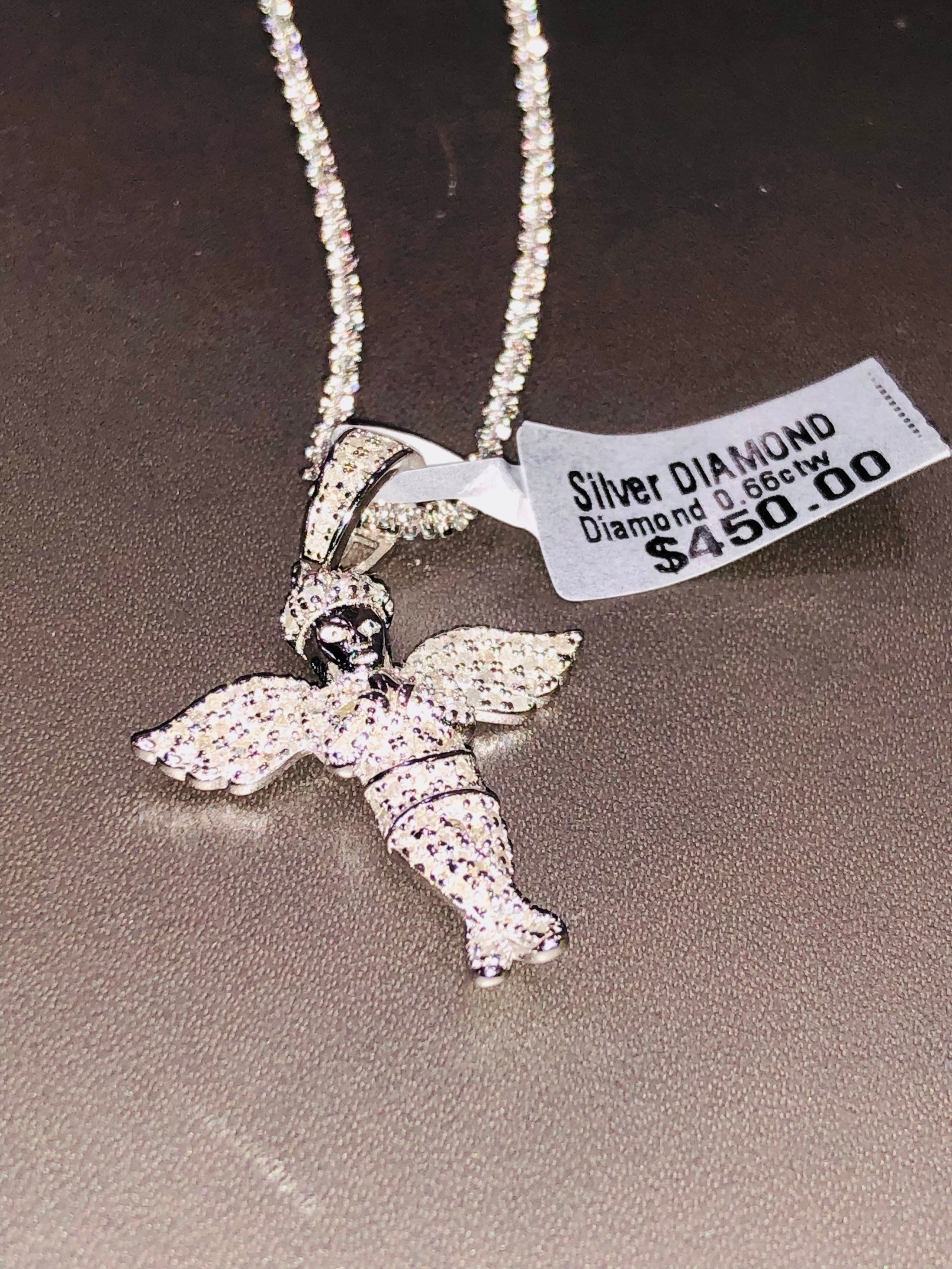 Real Diamond Angel Pendant + Handmade Turkish Sparkle Chain - 14k White gold vermeil, Genuine diamond pendant Minimalist Angel Charm For him