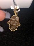 Load image into Gallery viewer, Stunning 10k gold vermeil Hamsa hand crafted W/ beautiful baguette VVS clarity Swarovski crystals Exquisite design best gift for everyone!
