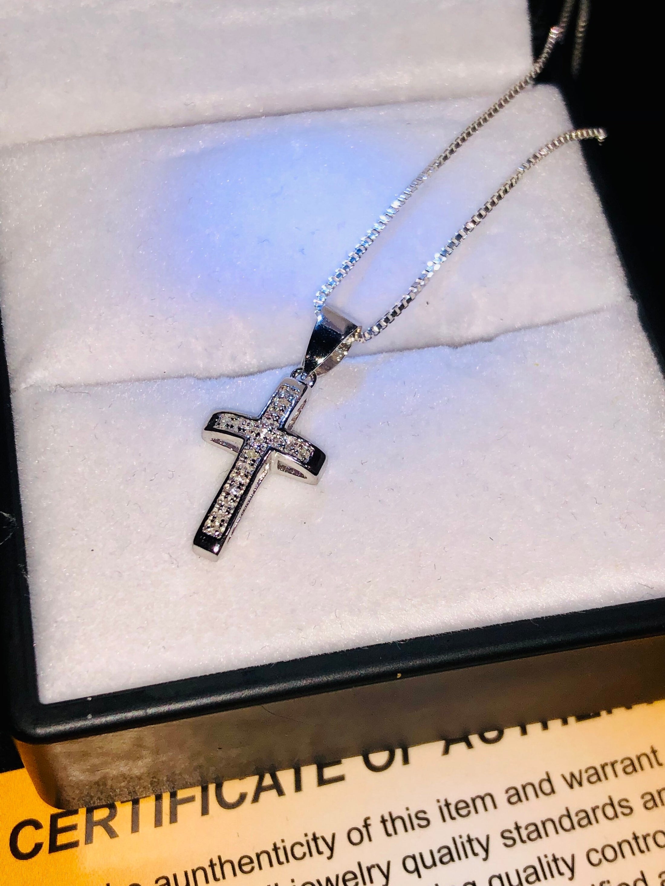 10k white gold vermeil real diamond elegant lovely cross pendant necklace best gift unbeatable NOT CZ not moissanite beautiful gift box incl