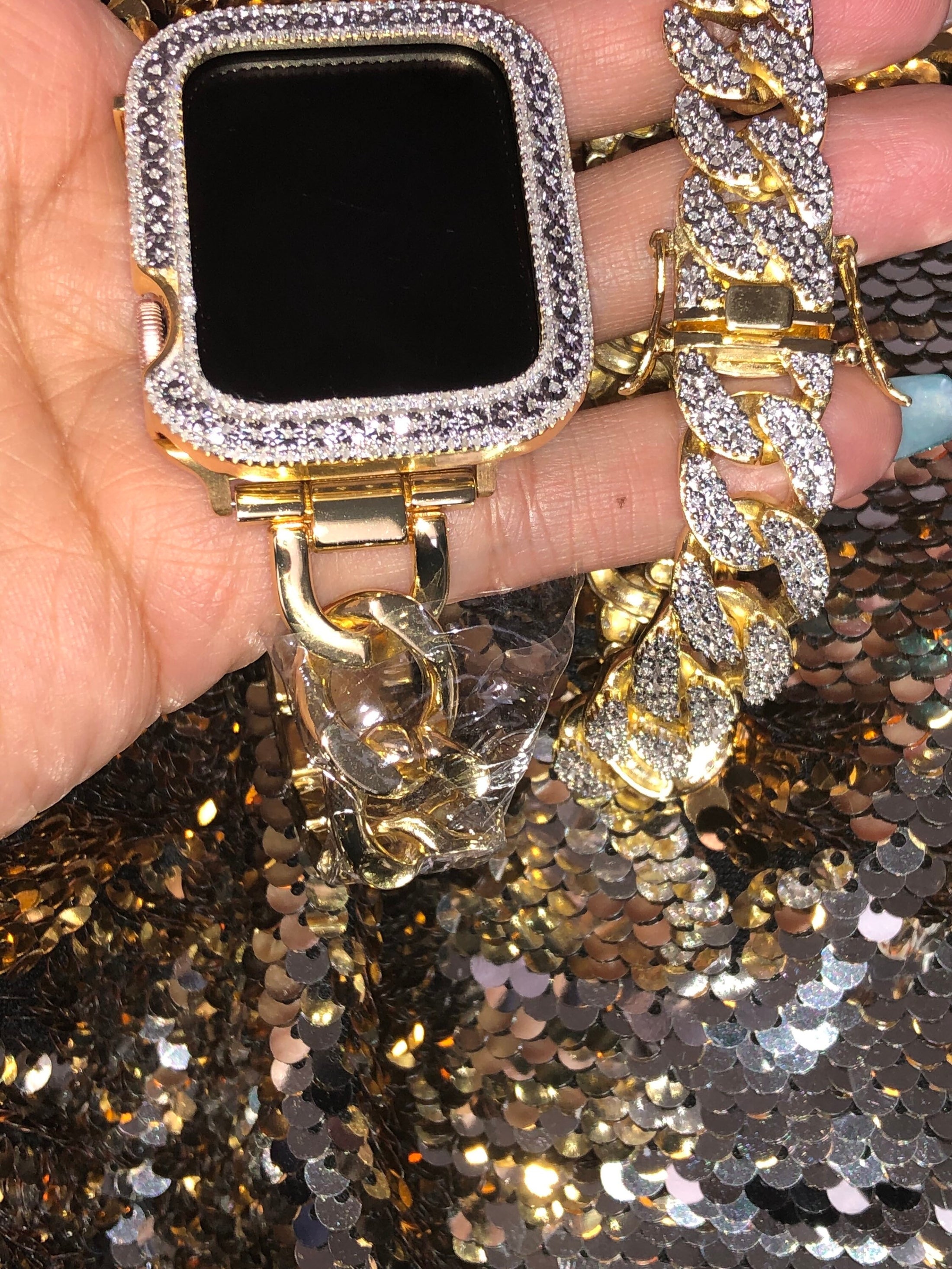 Real Diamond Apple Watch Case | Luxury Diamond Case | Series 7 Apple Case 41/45mm | Apple Watch Bezel Diamond | Hiphop Watch |10K Gold Band