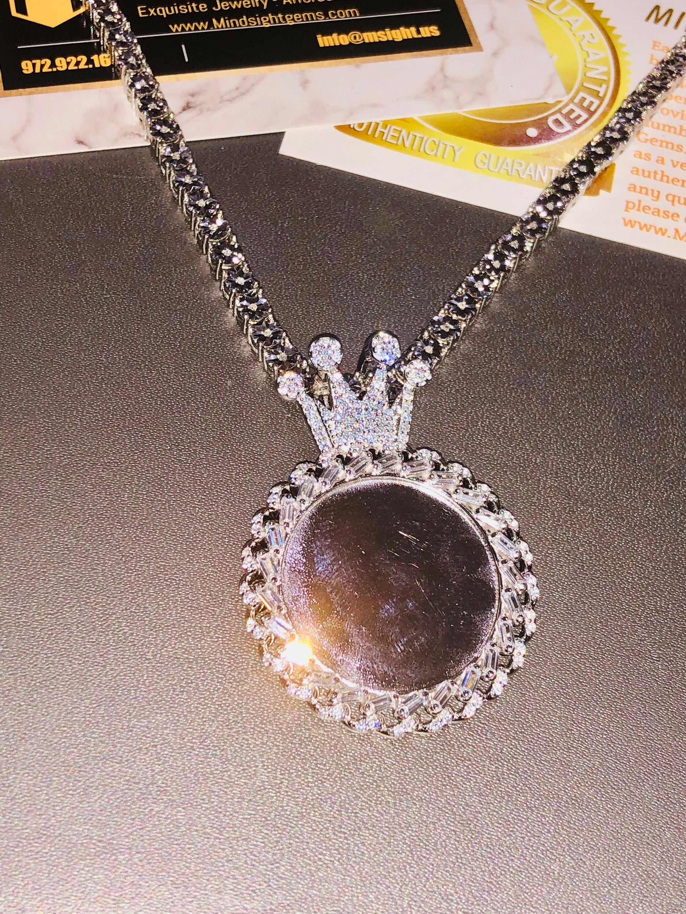 Real diamond tennis chain w/ stunning Swarovski crown memory charm Custom Diamond Memory Pendant Necklace| Custom Name/Photo Pendant | Men