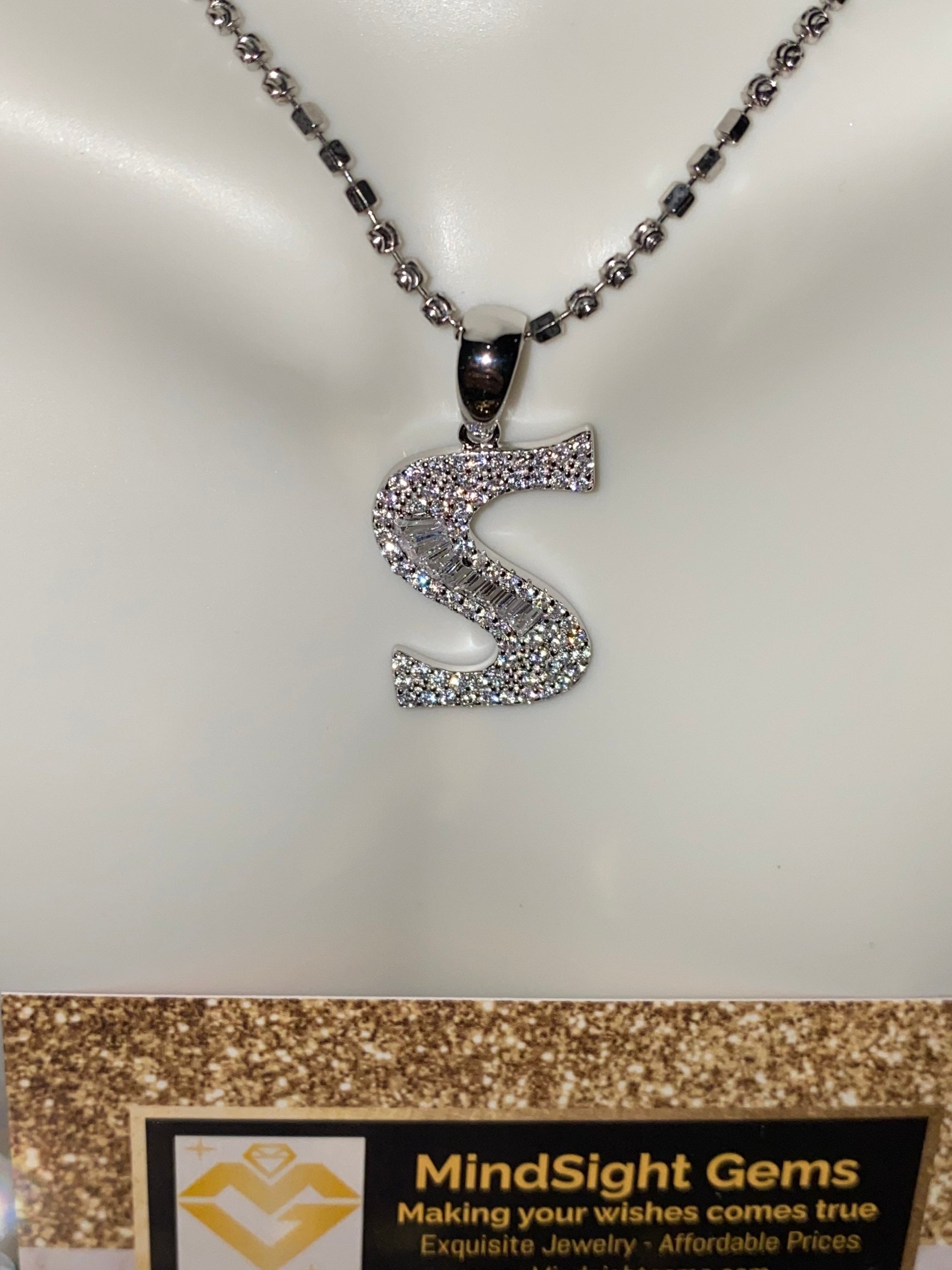 S initial pendant charm, 10k white gold vermeil, S letter monogram name necklace, Swarovski Crystal initial jewelry, unisex jewelry gift