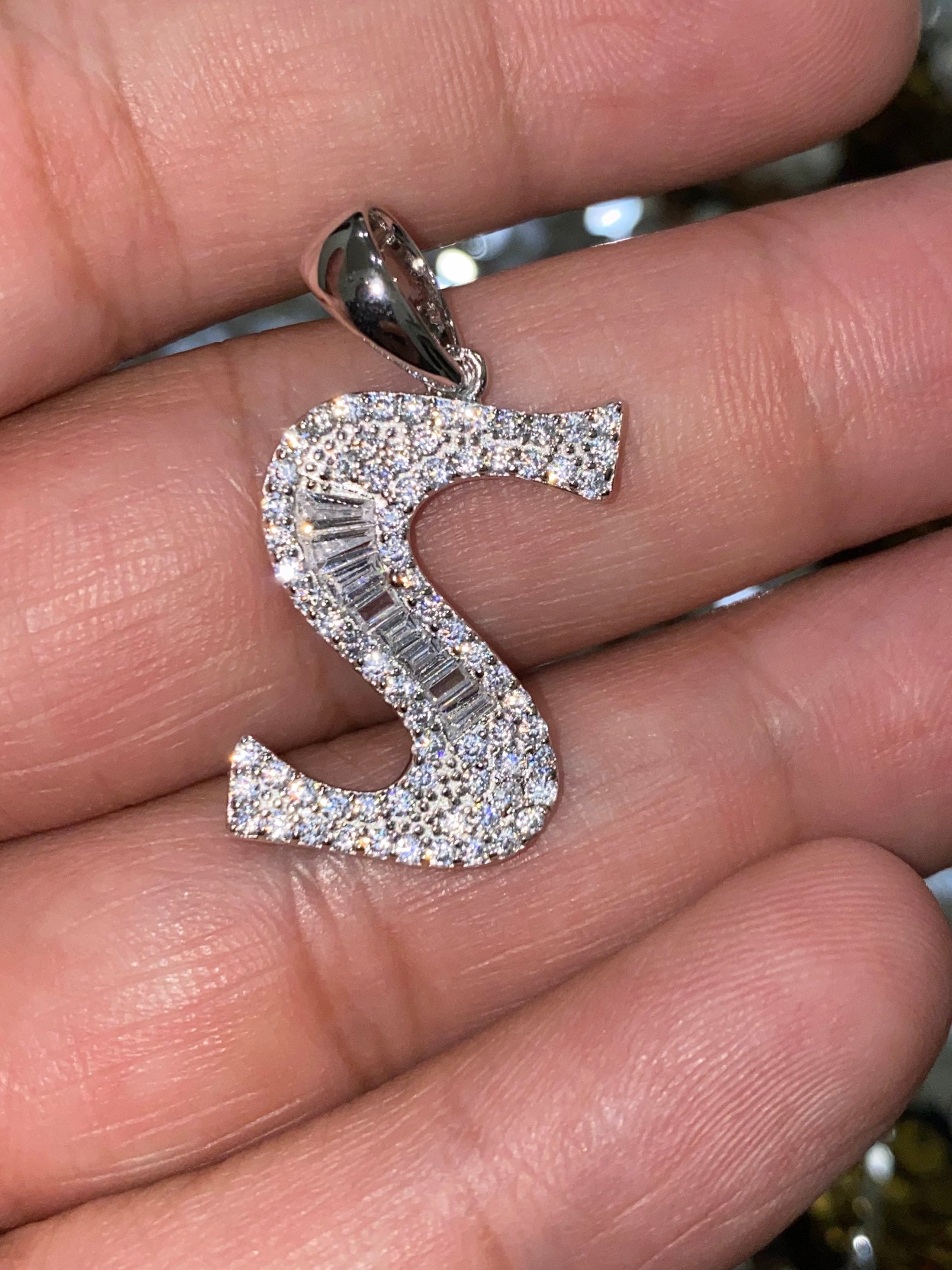 S initial pendant charm, 10k white gold vermeil, S letter monogram name necklace, Swarovski Crystal initial jewelry, unisex jewelry gift