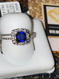 Load image into Gallery viewer, Real diamond 10k white gold vermeil sapphire ring, genuine natural diamond, free appraisal, NOT CZ not moissanite, Halo Sapphire Ring,
