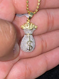 Load image into Gallery viewer, Real diamond custom made cash money bag dollar sign pendant, NOT cz, not Moissanite, best gift for men, money cash, dollar, 10k gold vermeil
