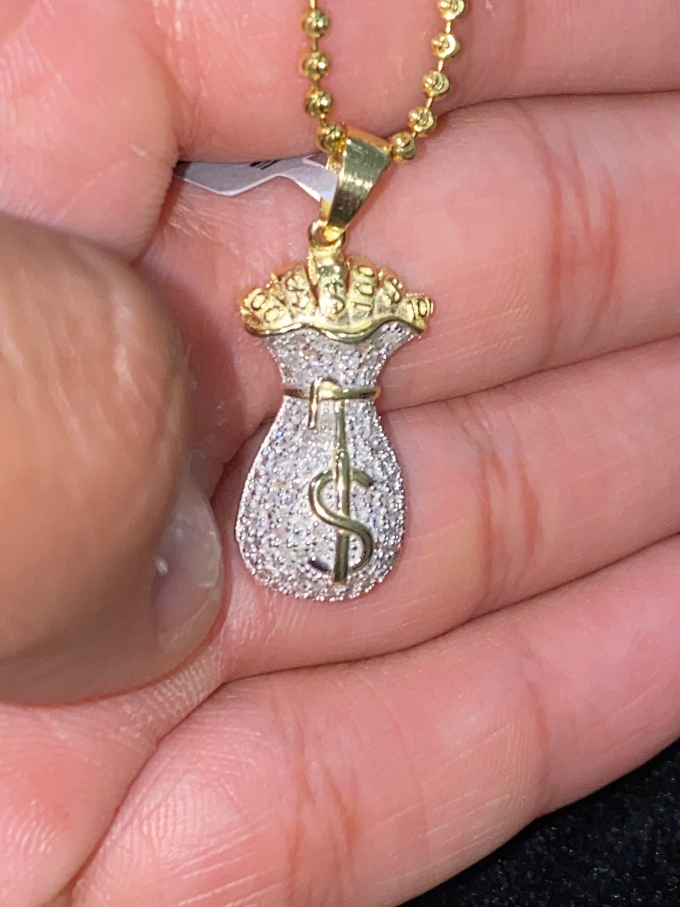 Real diamond custom made cash money bag dollar sign pendant, NOT cz, not Moissanite, best gift for men, money cash, dollar, 10k gold vermeil