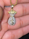 Load image into Gallery viewer, Real diamond custom made cash money bag dollar sign pendant, NOT cz, not Moissanite, best gift for men, money cash, dollar, 10k gold vermeil
