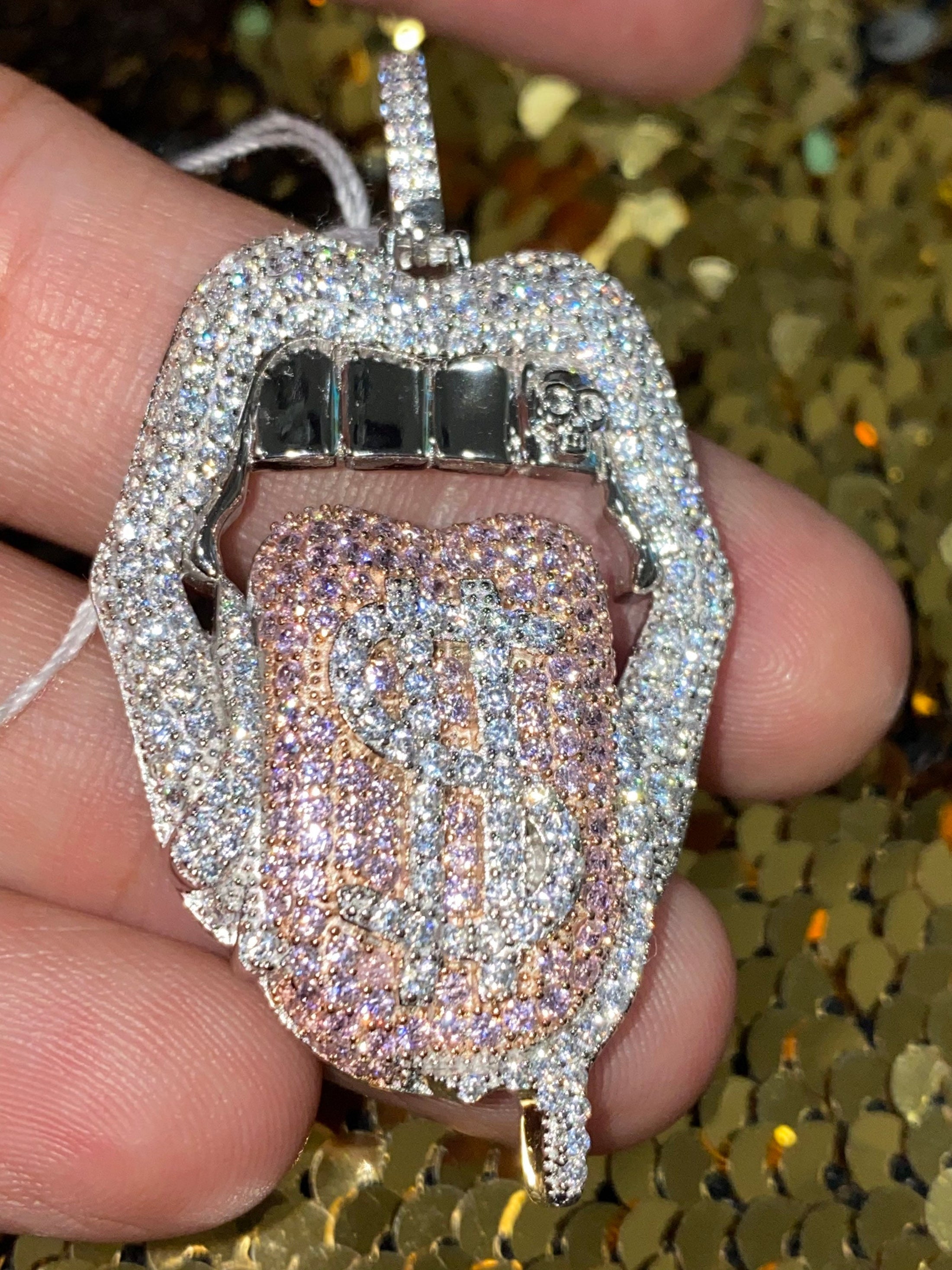 Tongue showing Money Symbol Gold Vermeil Swarovski Crystal Studded Iced Out Pendant, a show stopper pendant, best gift for men or women, HOT