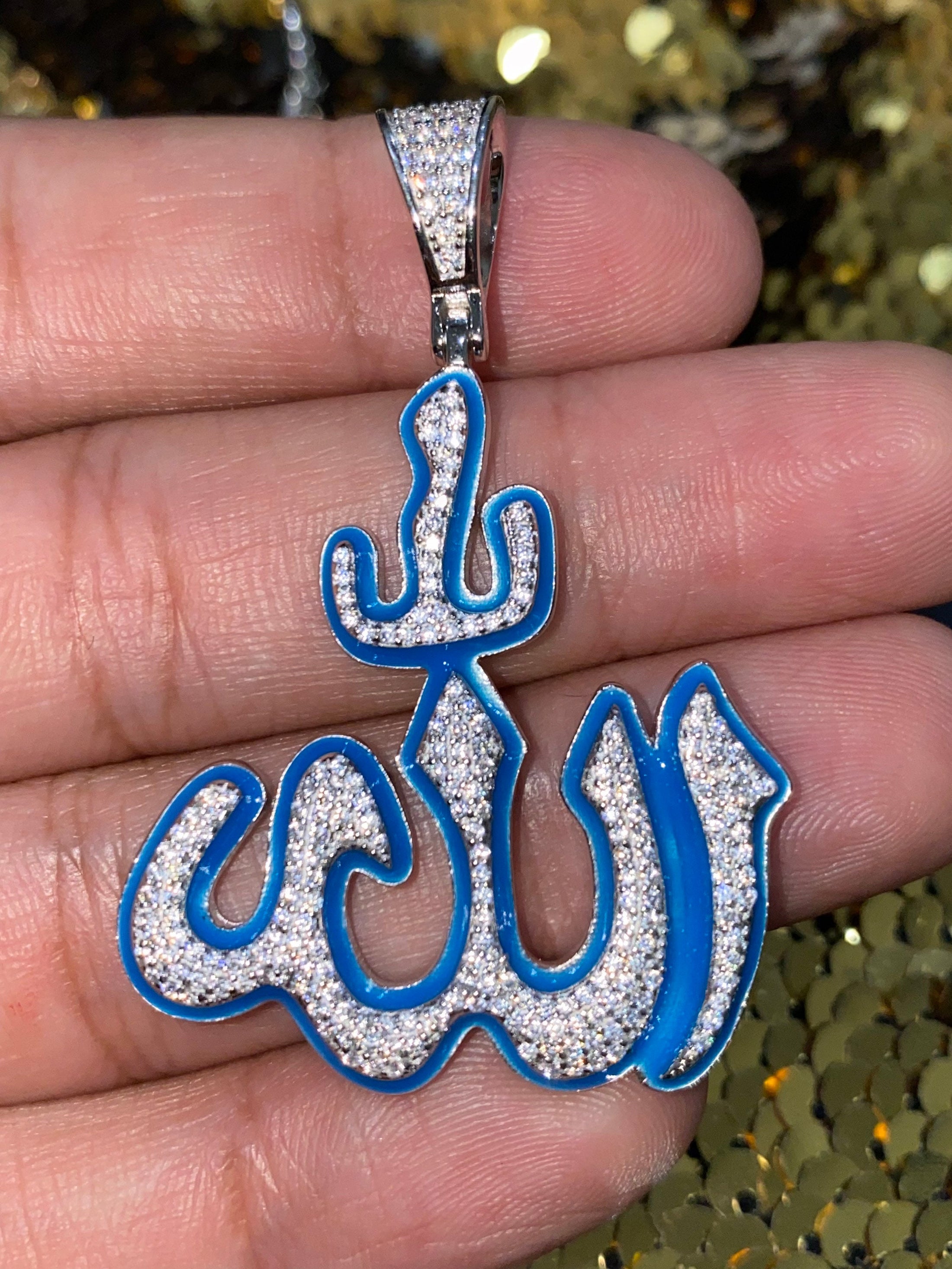 Glow in the dark charm Allah pendant, stunning custom designed, Islamic jewelry, Allah charm 2 inch big, VVs Swarovski stones, Muslim charm