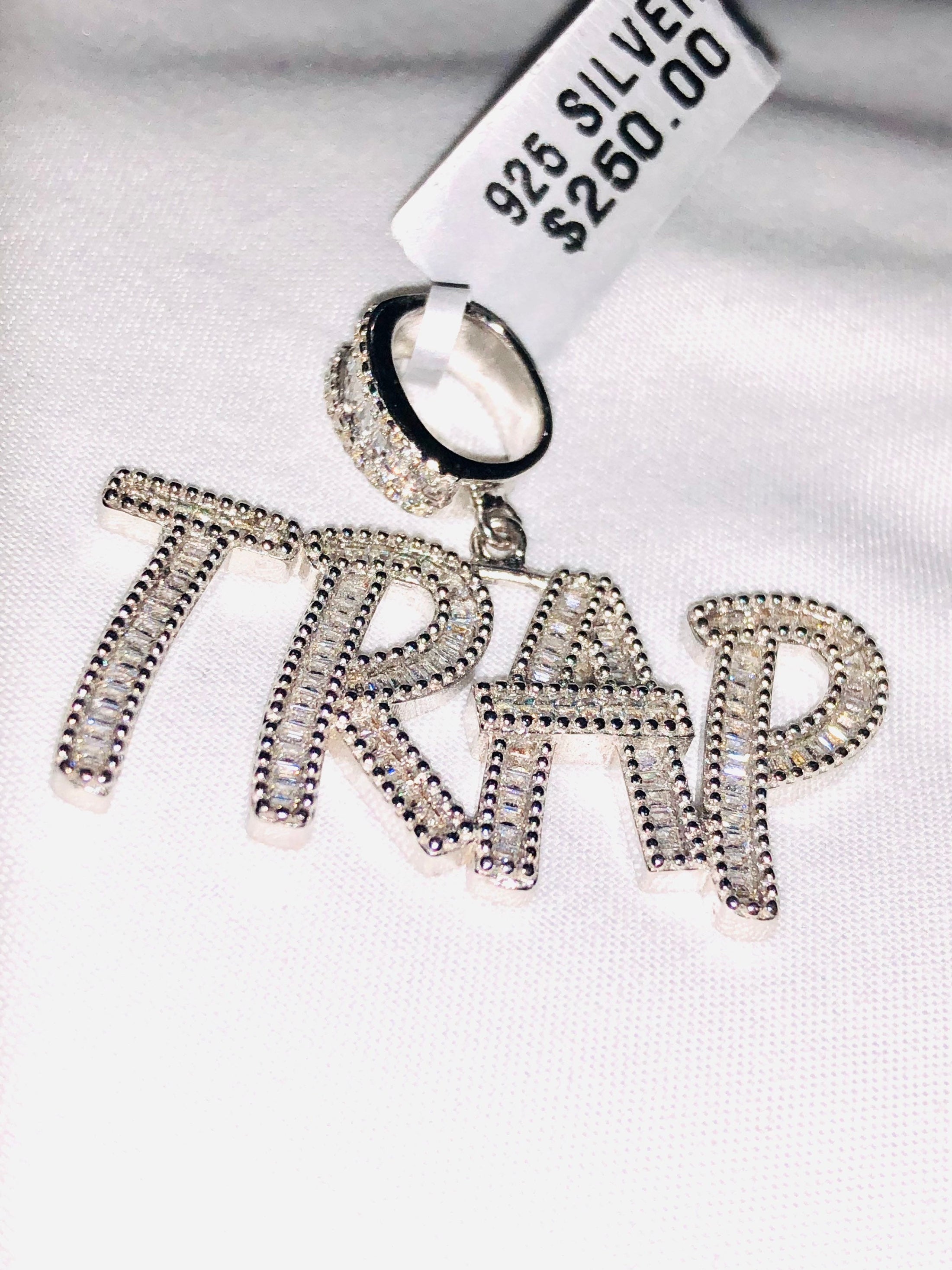 VVS clarity Swarovski Crystal custom made Trap pendant for men, hiphop jewelry, 10k white gold vermeil charm, iced out super shiny pendant