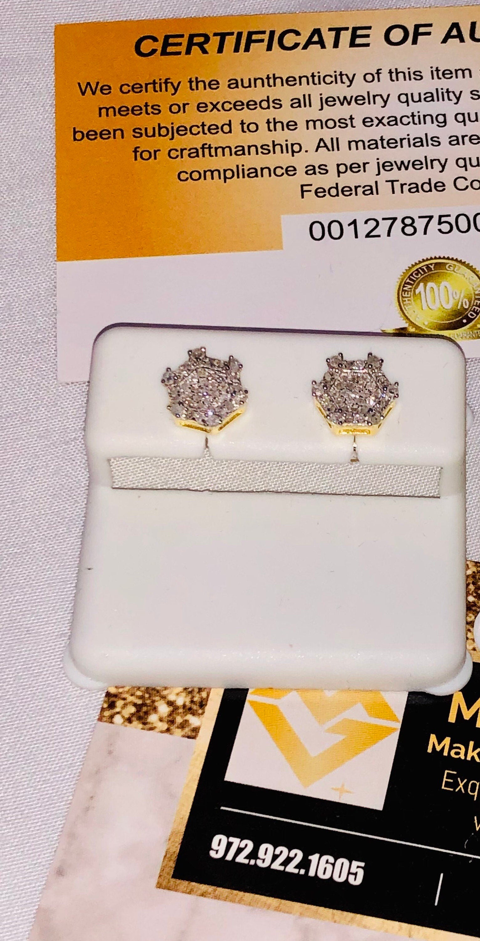 10k yellow gold vermeil real diamond earrings, screw back authentic natural diamond studs for men, free shipping, authenticity card included