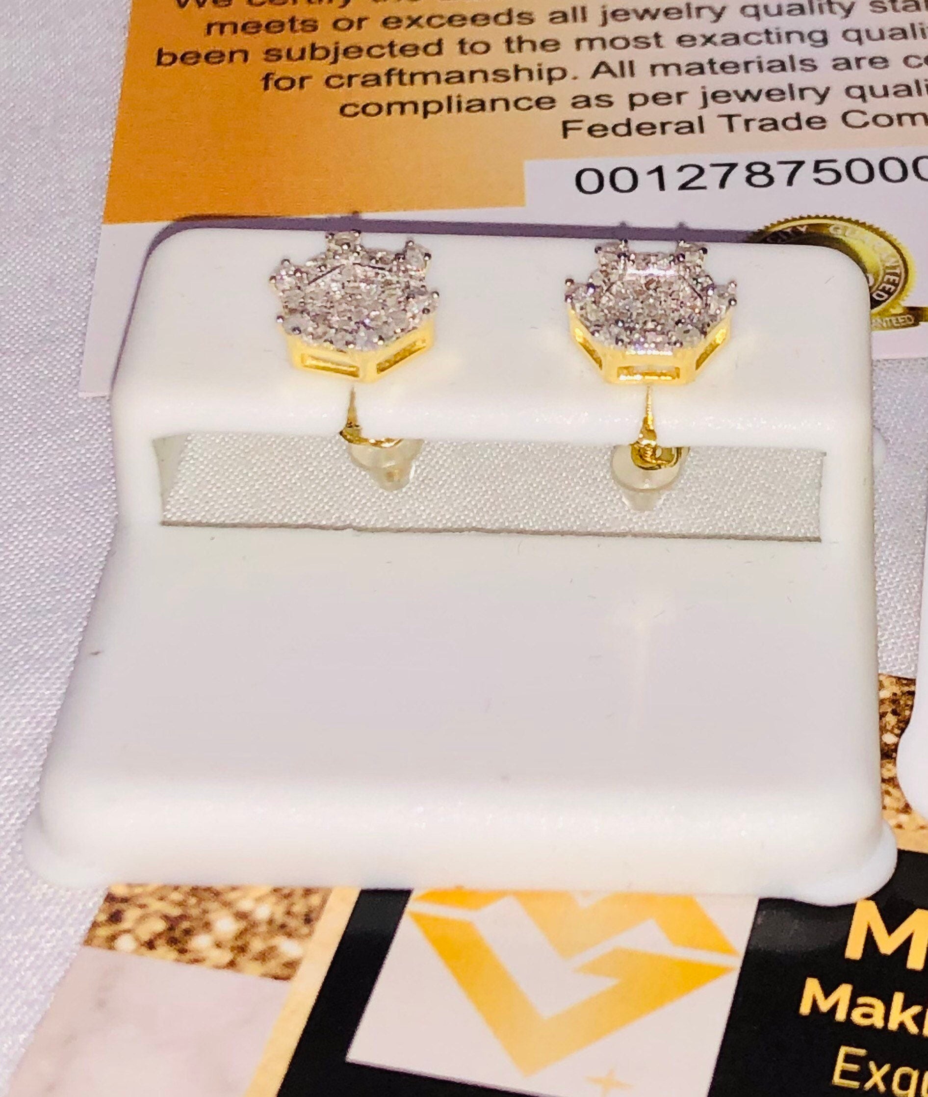 10k yellow gold vermeil real diamond earrings, screw back authentic natural diamond studs for men, free shipping, authenticity card included