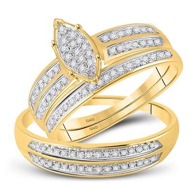 10k Solid Gold Natural Diamond 3 Piece His and Hers Wedding Ring Set, Unique Matching Wedding Bands, Trio Wedding Set, Wedding, Engagement