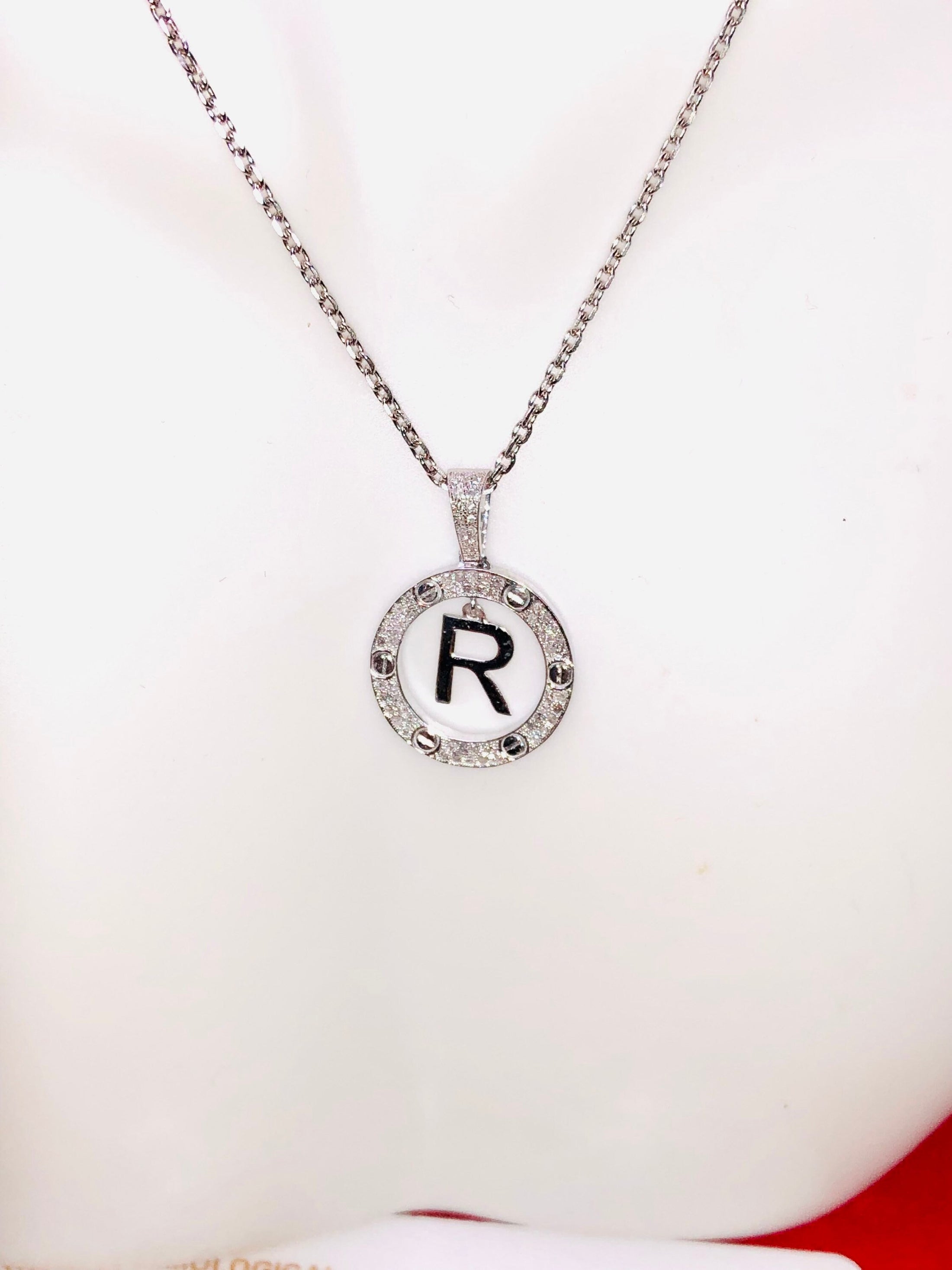 10K Solid Gold Monogram Pendant Necklace | Diamond Letter Pendant | R Initial Diamond Pendant | Name Pendant Necklace | Letter Charm Pendant