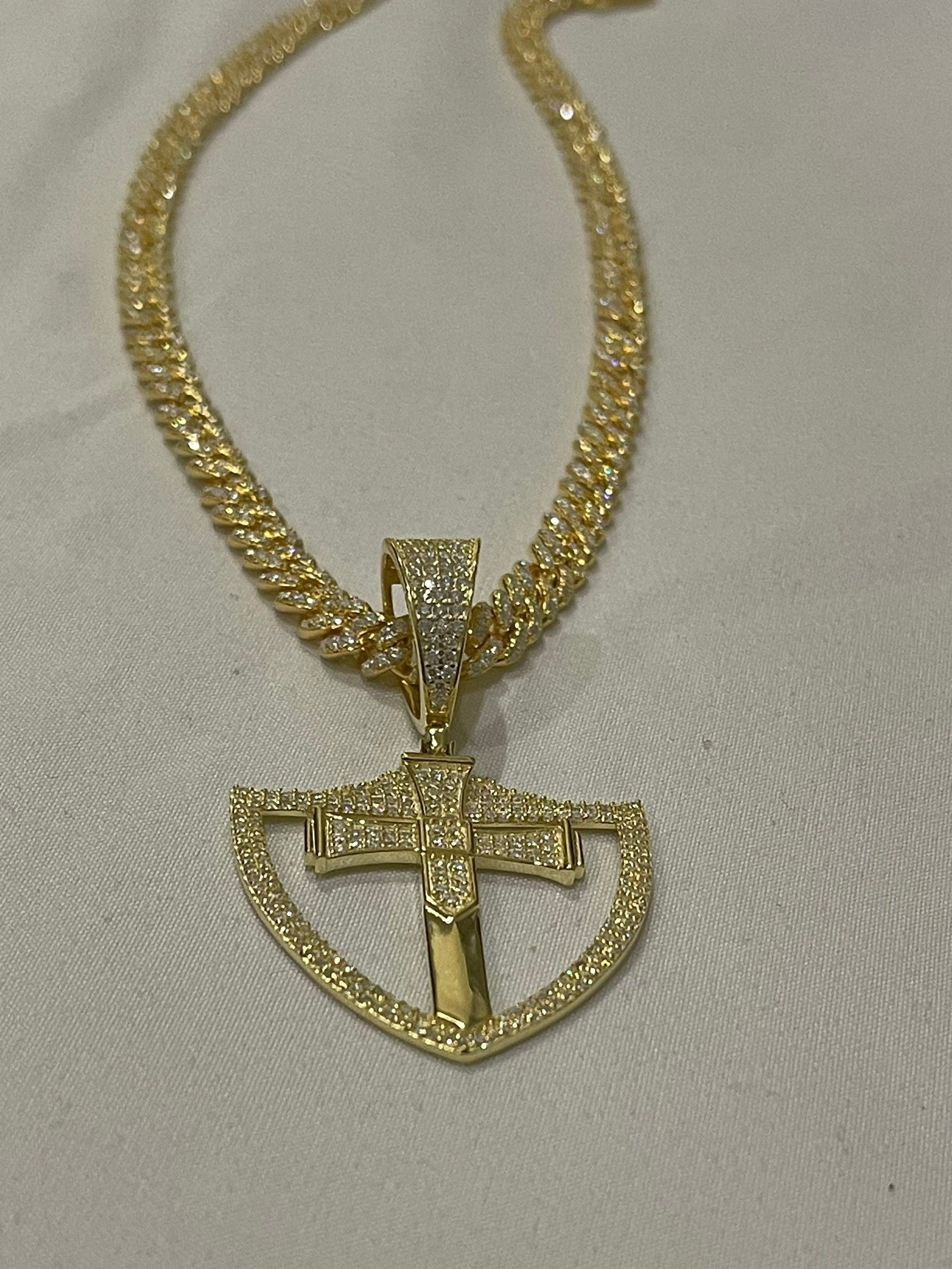 14k yellow gold vermeil shield cross pendant, vvs certified lab grown moissanite diamond, gifts for him, cross pendant for him, anniversary