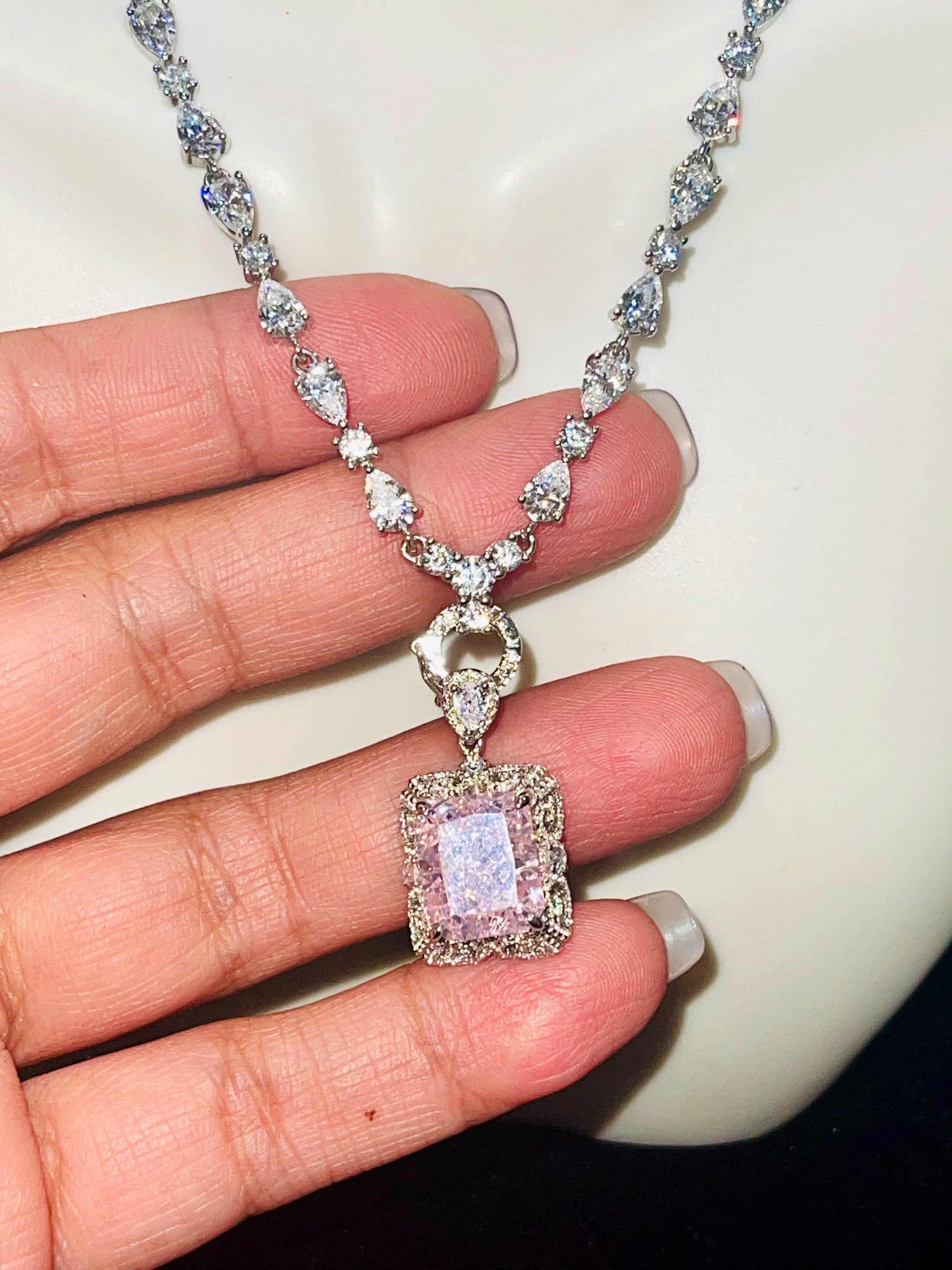 Rare & Exquisite pink morganite diamond pendant w/ stunning unique Swarovski crystal chain, detachable pendant design w/ adjustable length