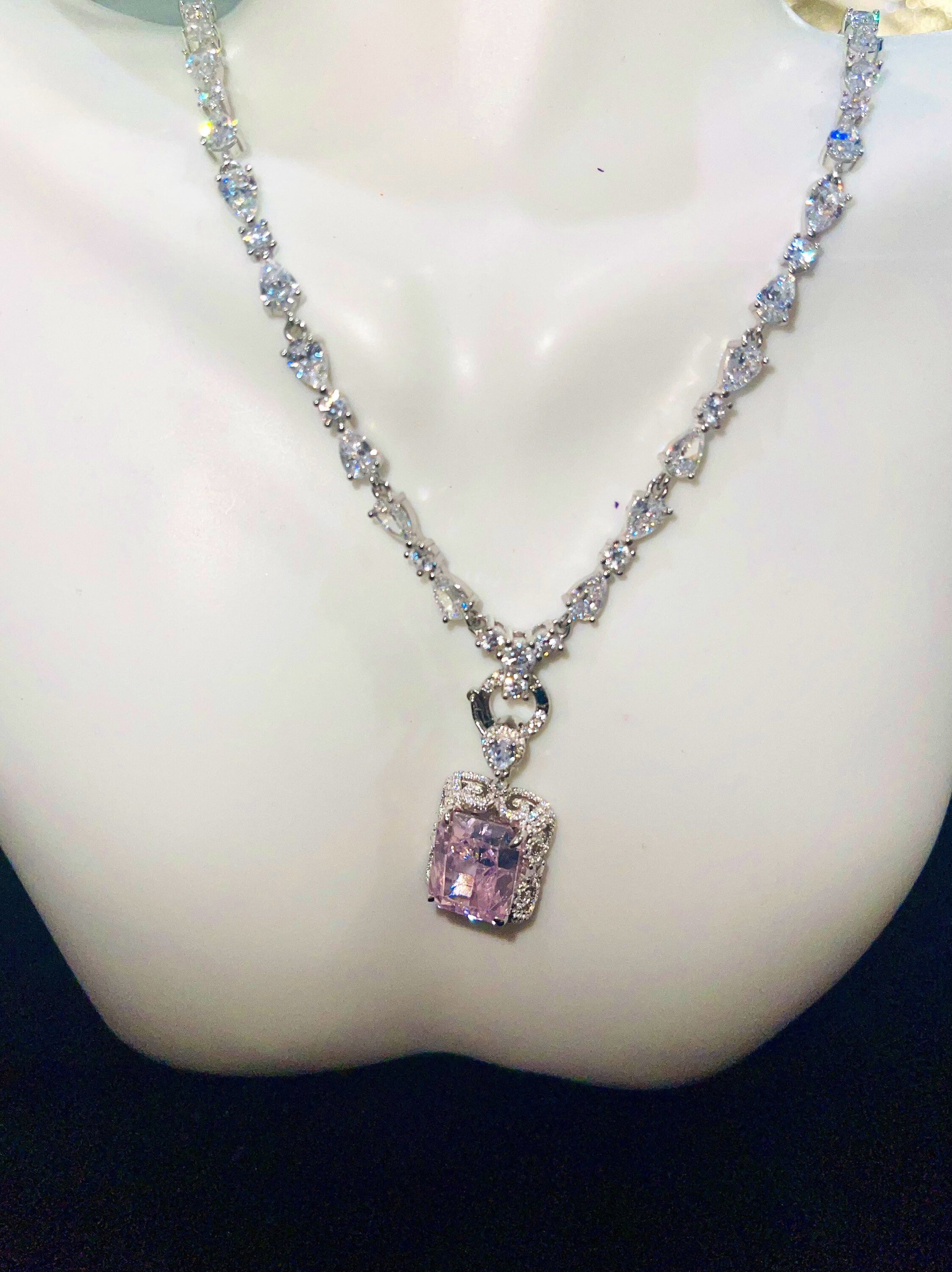 Rare & Exquisite pink morganite diamond pendant w/ stunning unique Swarovski crystal chain, detachable pendant design w/ adjustable length