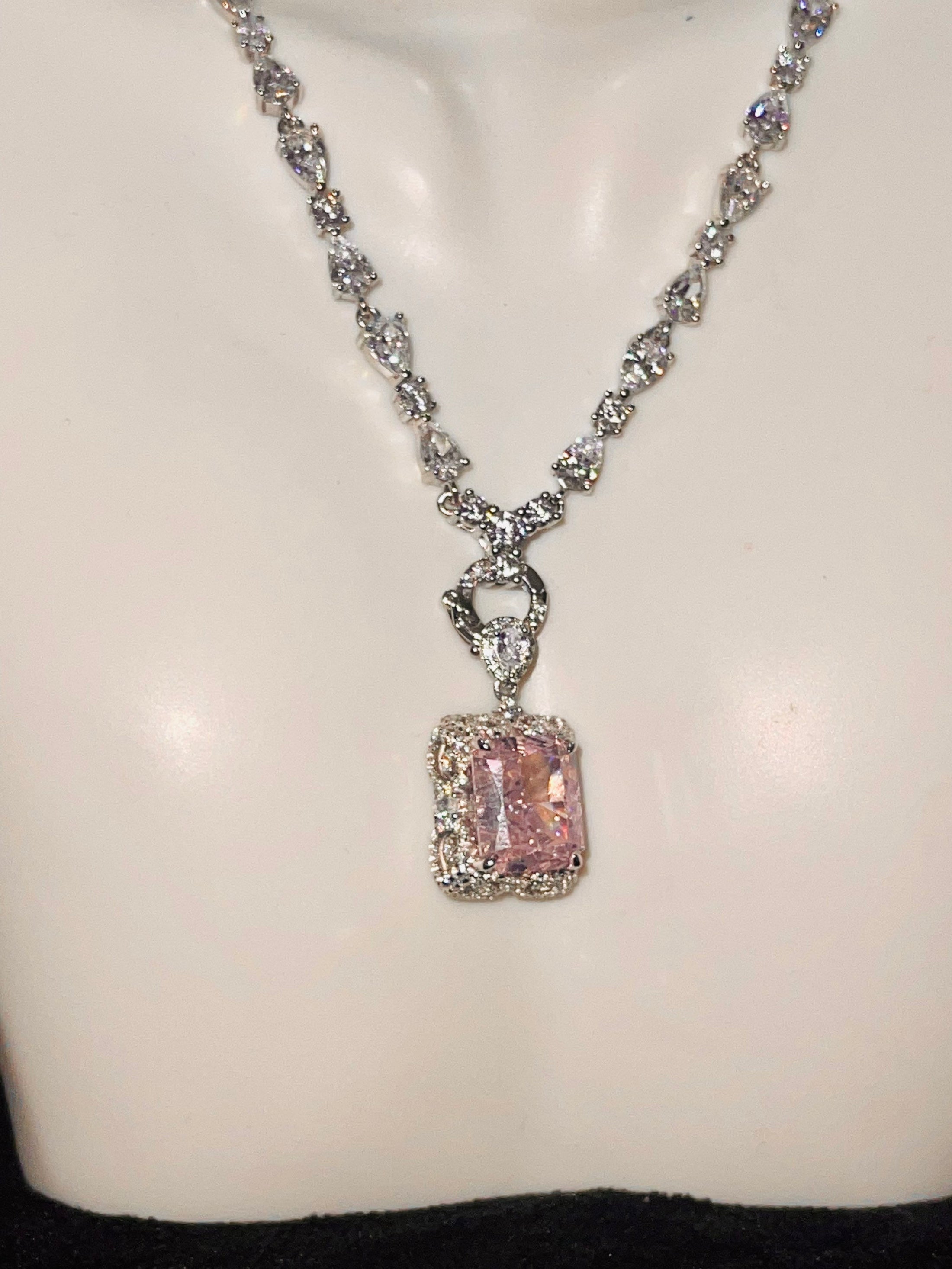 Rare & Exquisite pink morganite diamond pendant w/ stunning unique Swarovski crystal chain, detachable pendant design w/ adjustable length