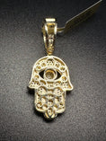 Load image into Gallery viewer, 14k Yellow Gold Vermeil Moissanite Diamond Hamsa Pendant / GRA Certified Diamond / Protection Charm / Hand of Fatima Passes Diamond Testers!
