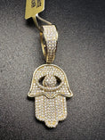 Load image into Gallery viewer, 14k Yellow Gold Vermeil Moissanite Diamond Hamsa Pendant / GRA Certified Diamond / Protection Charm / Hand of Fatima Passes Diamond Testers!
