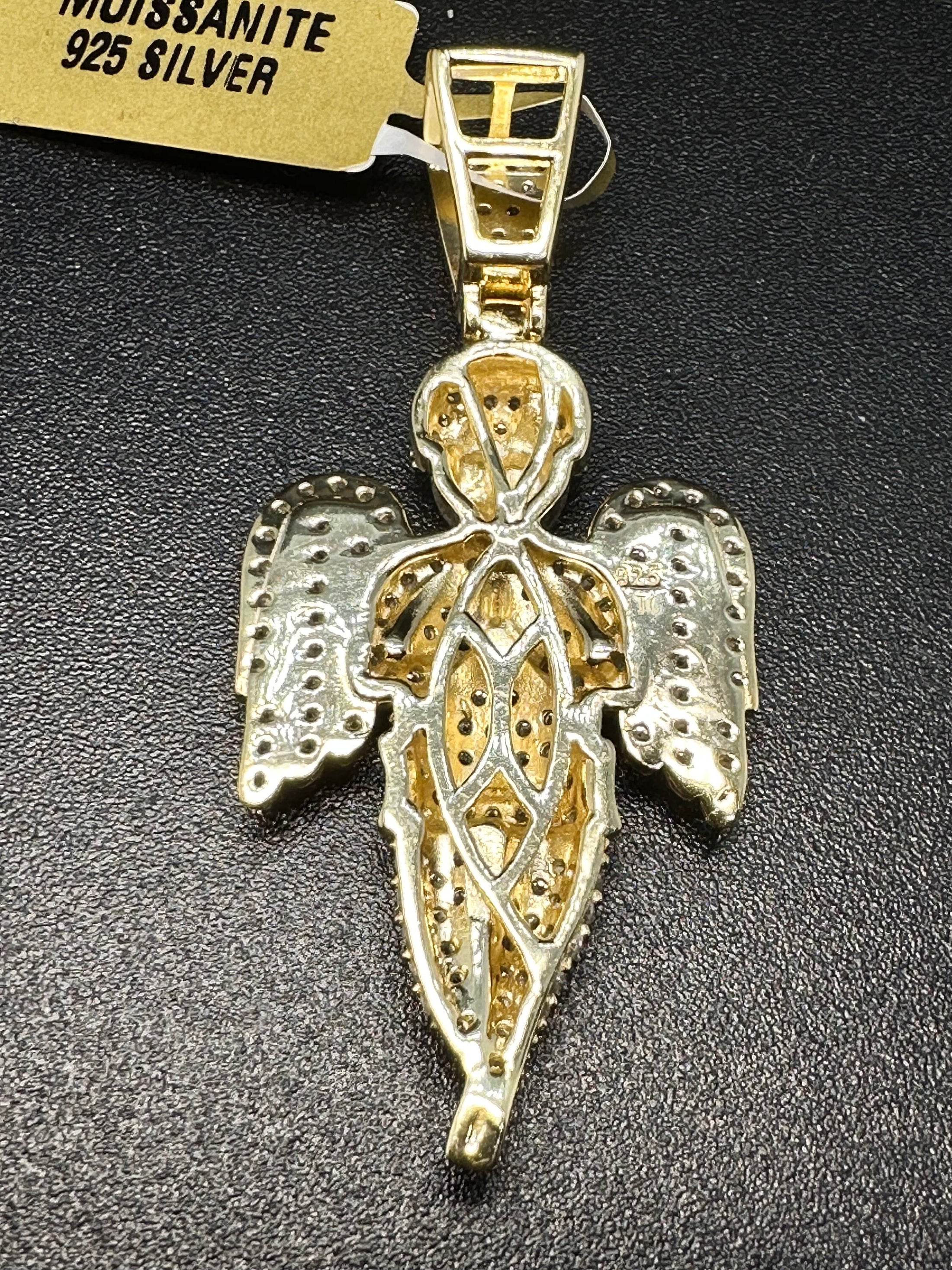 Angel Pendant Gold Vermeil, Custom Iced Out MOISSANITE Angel Pendant 14k yellow gold finish, PASSES Diamond Tester!