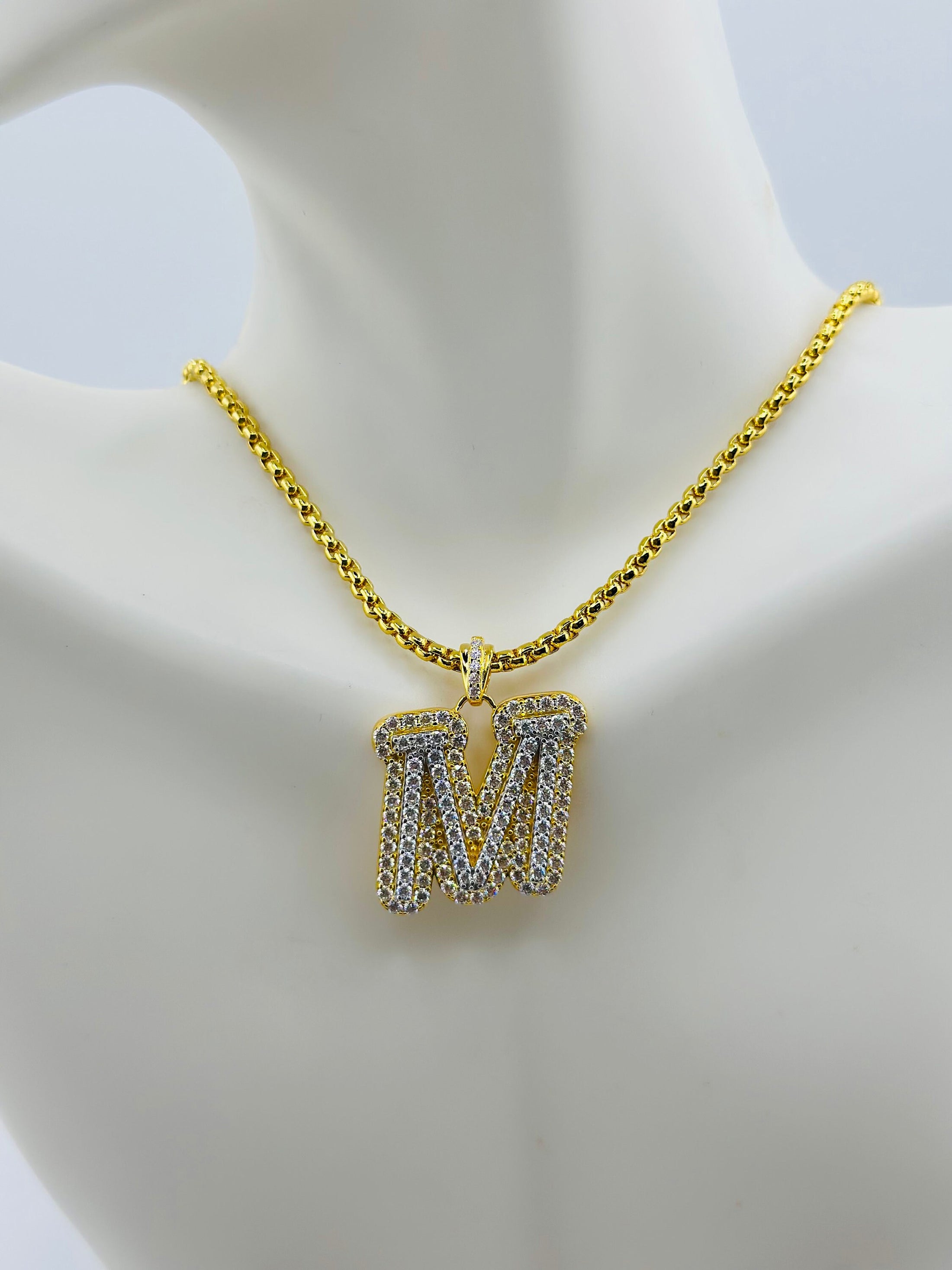 M Initial Elegant Diamond Pendant - Passes Diamond Tester - 14k Gold Vermeil 925- Handcrafted in the USA - Thoughtful and Personalized Gift