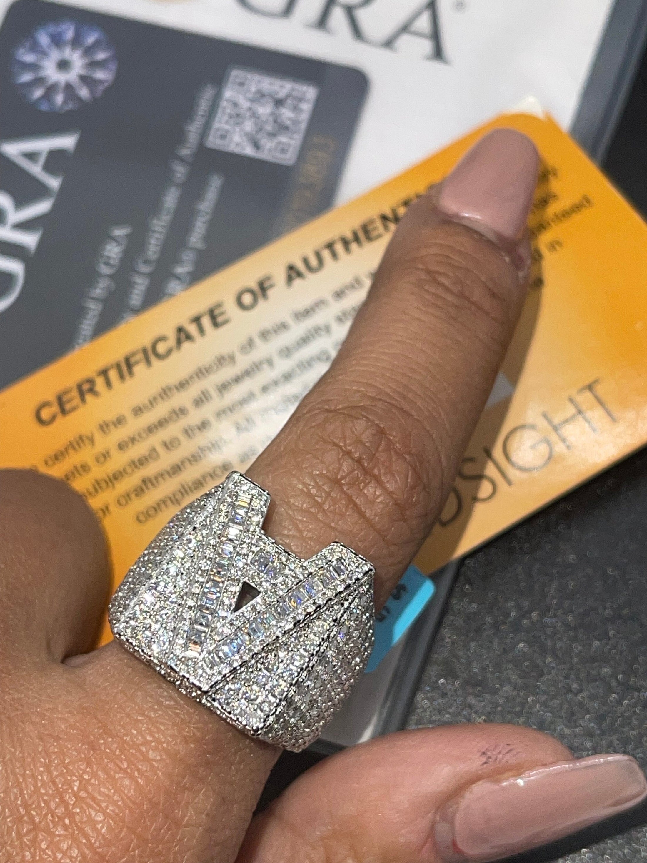 VVS Gra certified Diamond A initial ring, 100% passes diamond testers, 14k White Gold vermeil, HipHop Jewelry, Unique Iced out Moissanite