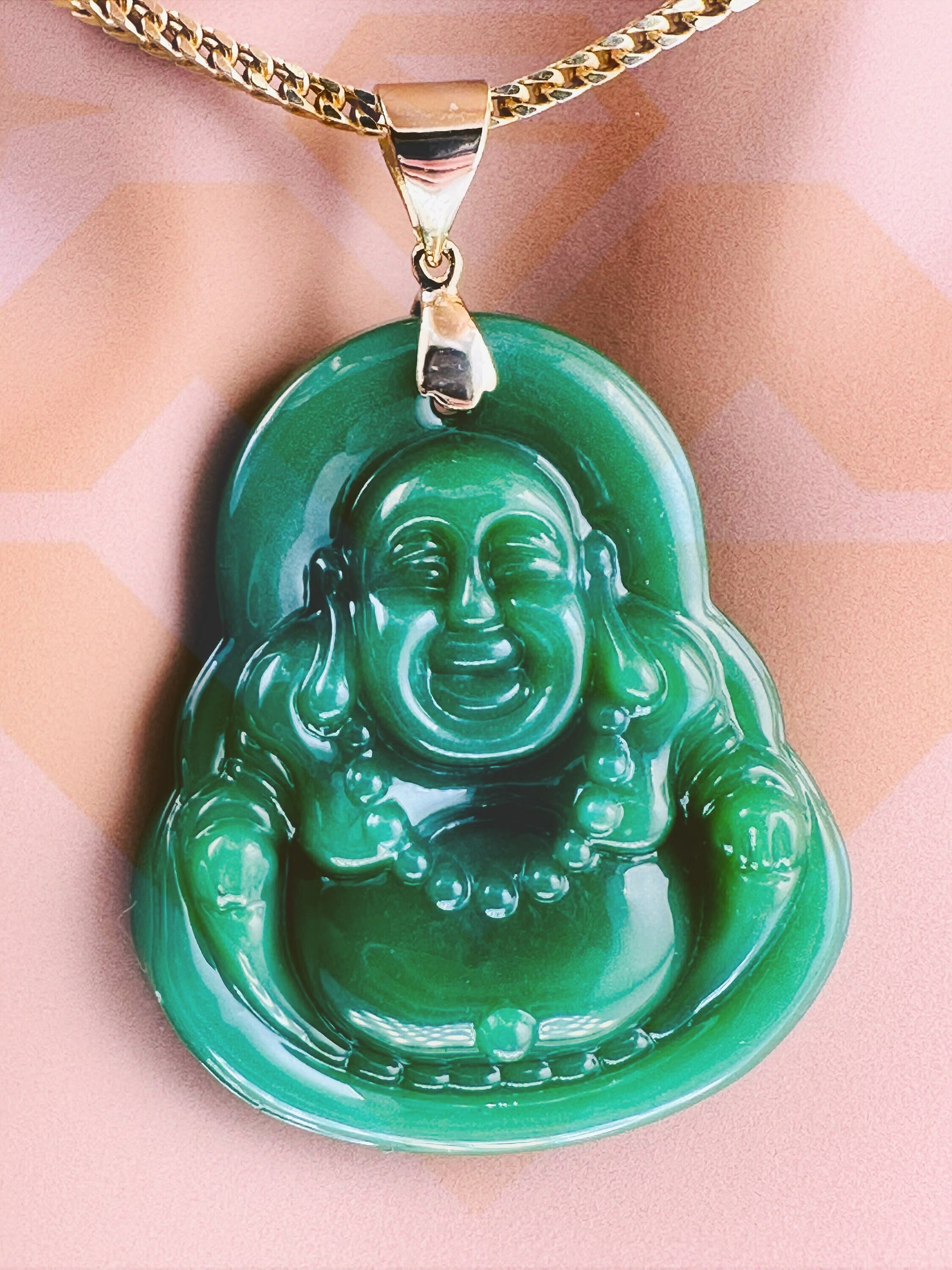 Genuine Traditional Jade Buddha 14k Real Yellow Gold Vermeil 925 stamped pedant, Happy Buddha Jade Green Charm, Good fortune necklace, Gift