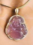 Load image into Gallery viewer, 14k Gold vermeil Purple Jade Happy Buddha pendant, unique accessory w/cultural significance, Swarovski Crystal Iced out Jade Buddha Pendant,
