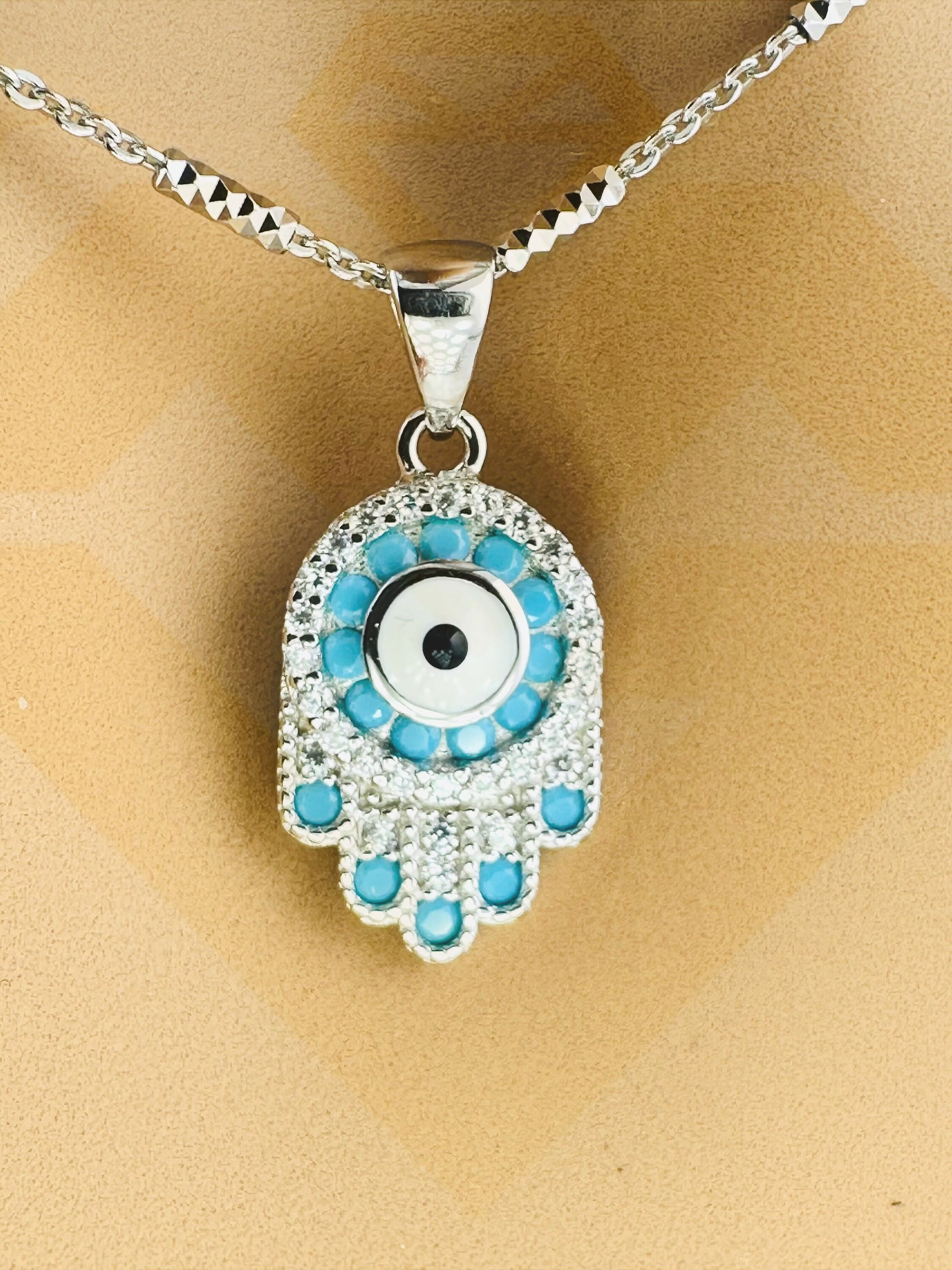 Hamsa Pendant, Custom made glow in the dark beautiful Evil Eye Protection pendant, Best gift for him or her 14k white gold vermeil Swarovski