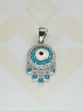 Cargar la imagen en la vista de la galería, Hamsa Pendant, Custom made glow in the dark beautiful Evil Eye Protection pendant, Best gift for him or her 14k white gold vermeil Swarovski
