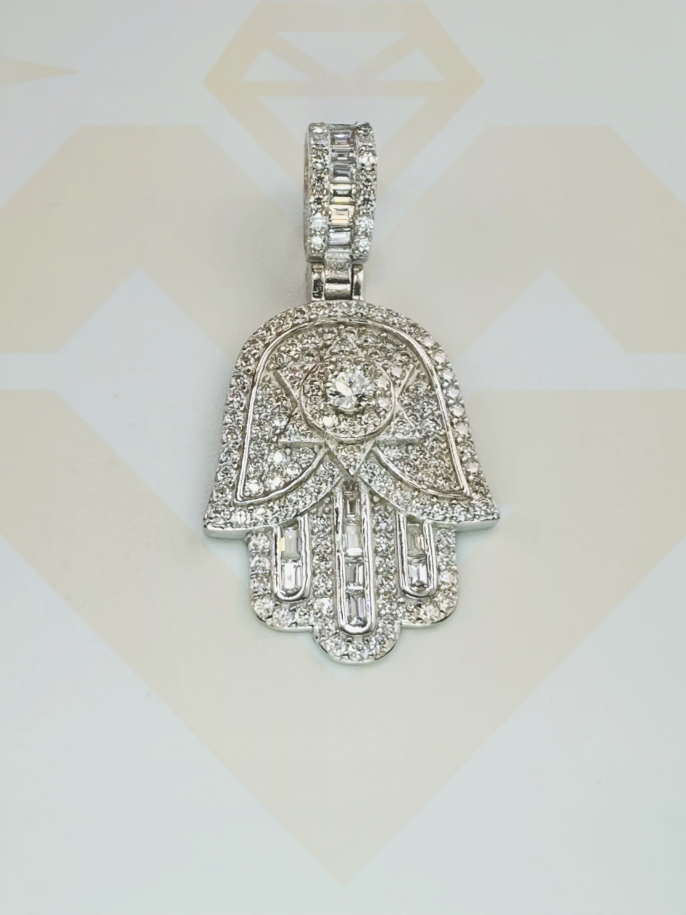 14k White Gold Vermeil VVS Diamond Hamsa Pendant, Good Luck Hamsa Hand Gift Idea, Birthday Present, Evil Eye Charm 100% Pass Diamond Testers