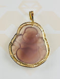 Load image into Gallery viewer, 14k Gold vermeil Purple Jade Happy Buddha pendant, unique accessory w/cultural significance, Swarovski Crystal Iced out Jade Buddha Pendant,
