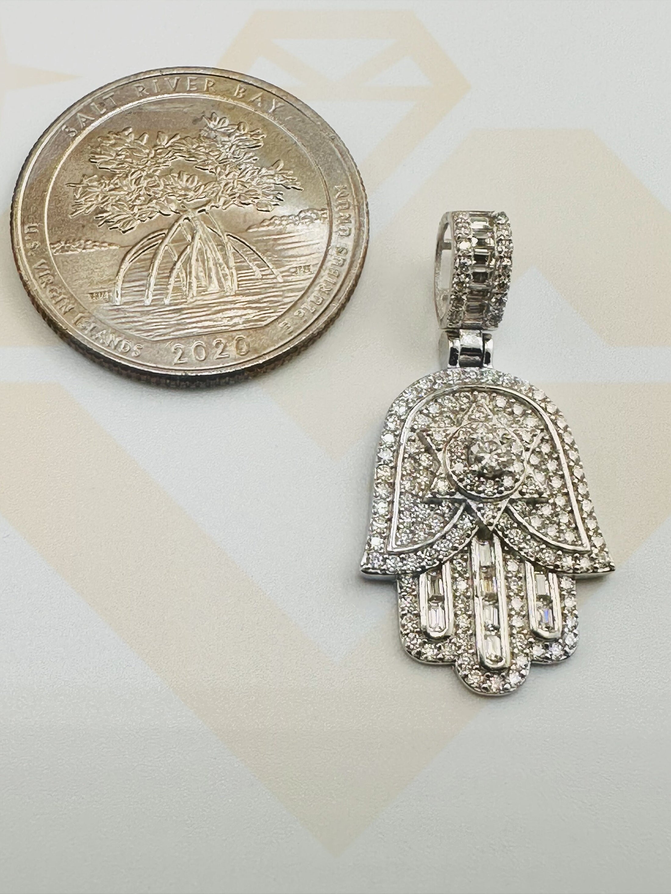 14k White Gold Vermeil VVS Diamond Hamsa Pendant, Good Luck Hamsa Hand Gift Idea, Birthday Present, Evil Eye Charm 100% Pass Diamond Testers